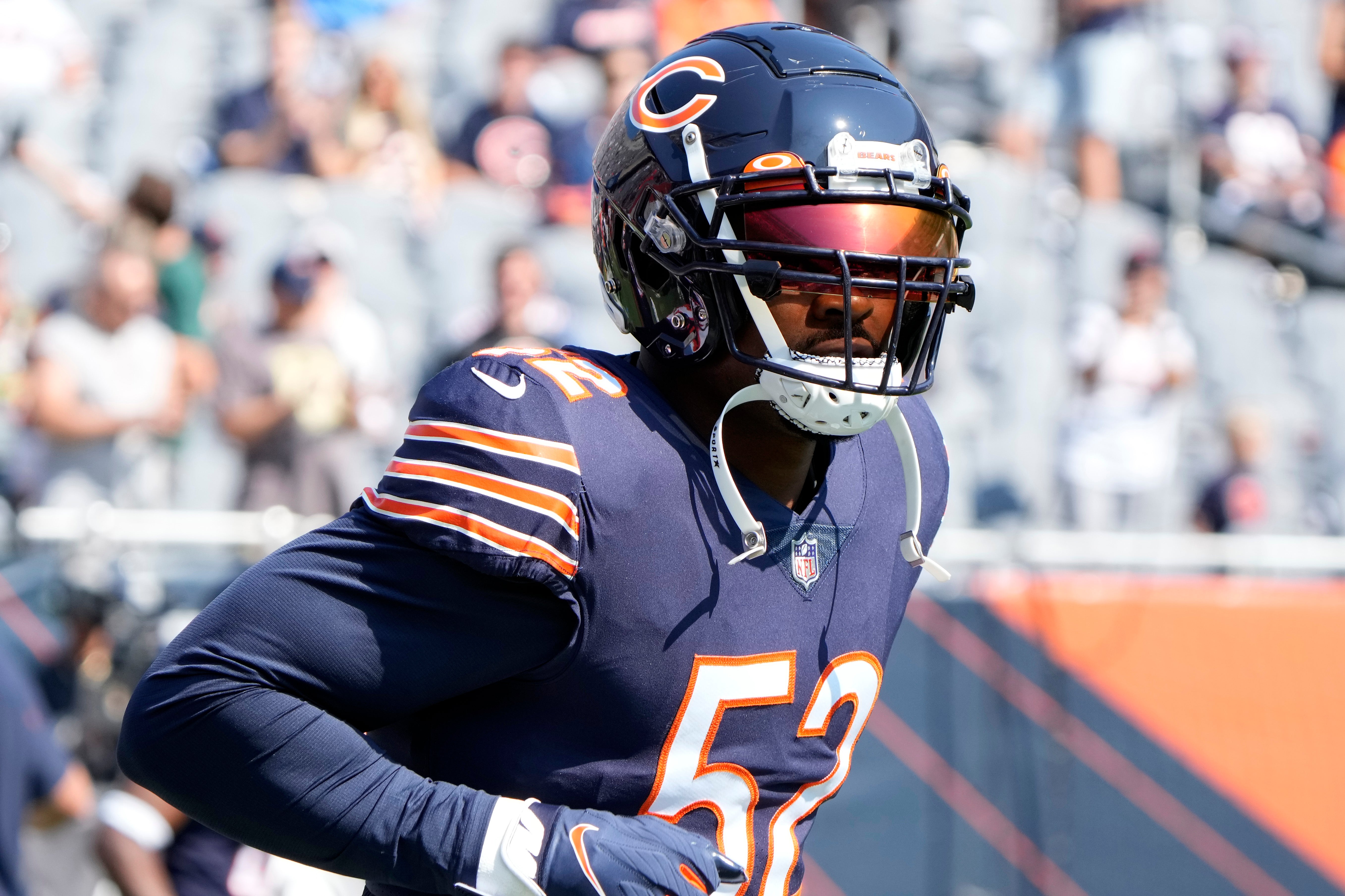 Sep 19, 2021; Chicago, Illinois, USA; Chicago Bears outside linebacker Khalil Mack (52) practices before the game against the Cincinnati Bengals at Soldier Field.