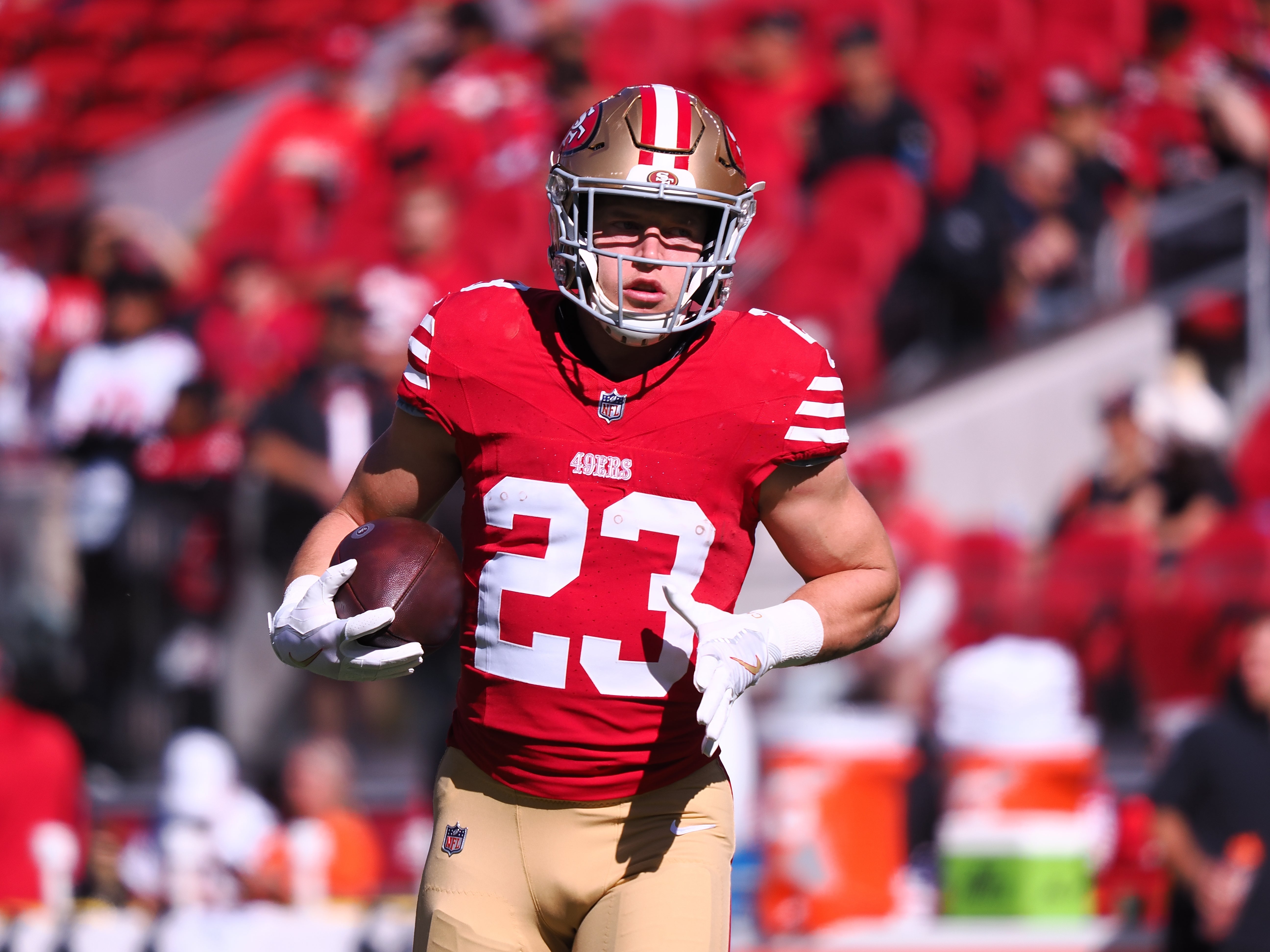 Oct 29, 2023; Santa Clara, California, USA; San Francisco 49ers running back Christian McCaffrey (23) before the game against the Cincinnati Bengals at Levi's Stadium.