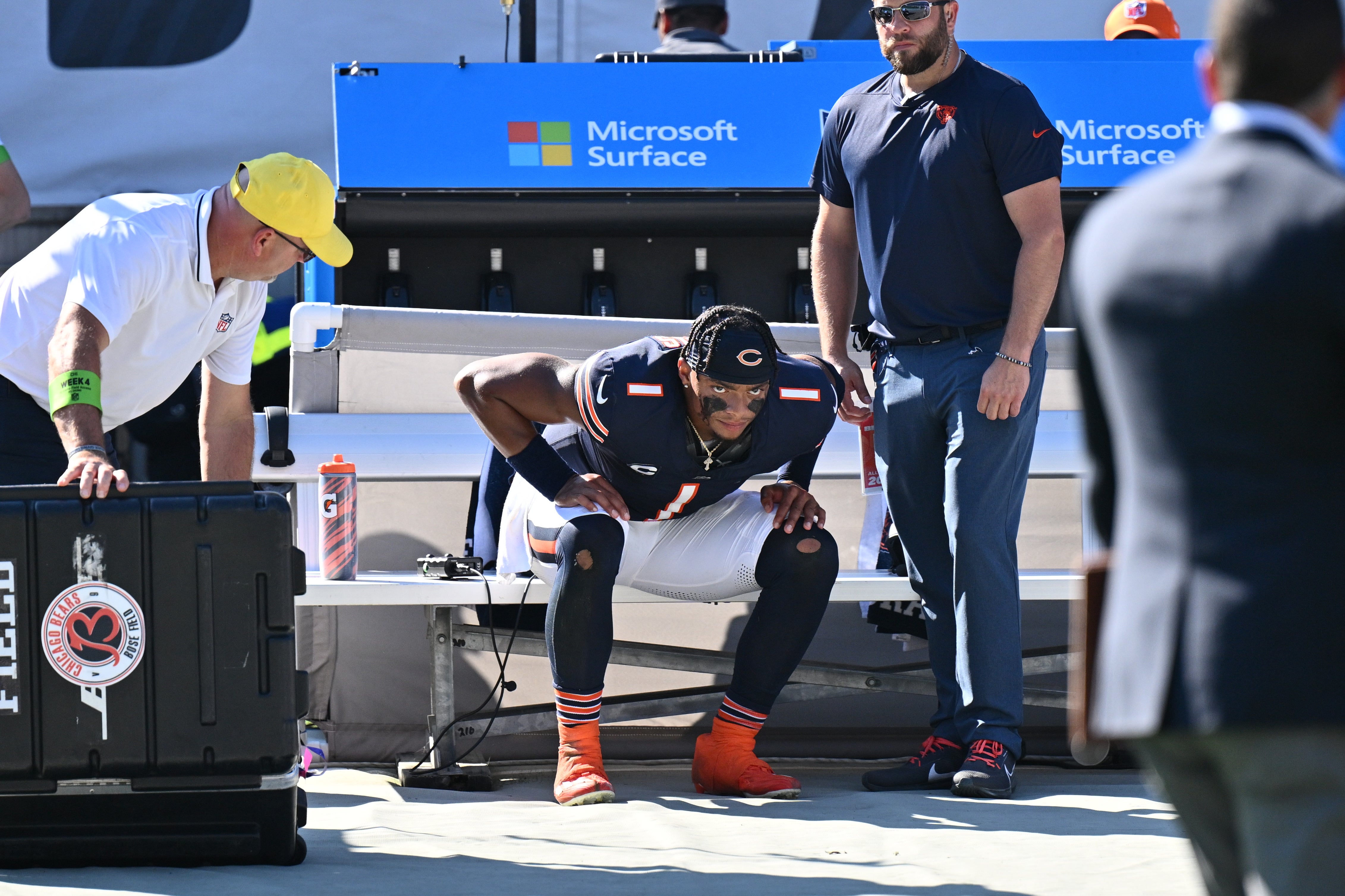 Oct 1, 2023; Chicago, Illinois, USA; Chicago Bears quarterback Justin Fields (1) sits on the bench after the conclusion of a 31-28 loss to the Denver Broncos at Soldier Field.
