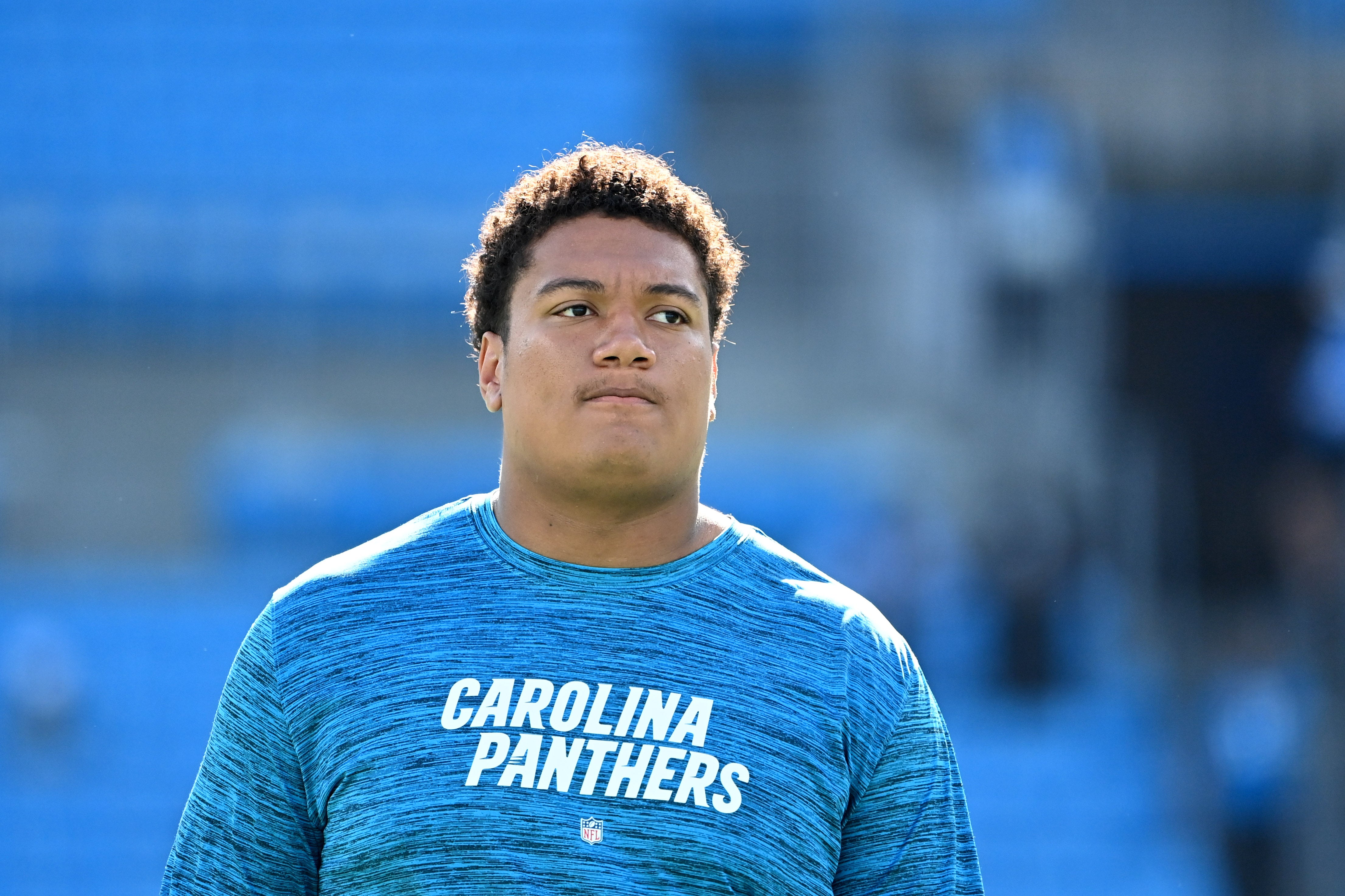 Oct 29, 2023; Charlotte, North Carolina, USA; Carolina Panthers guard Chandler Zavala (62) during warm up at Bank of America Stadium. Mandatory Credit: Bob Donnan-USA TODAY Sports