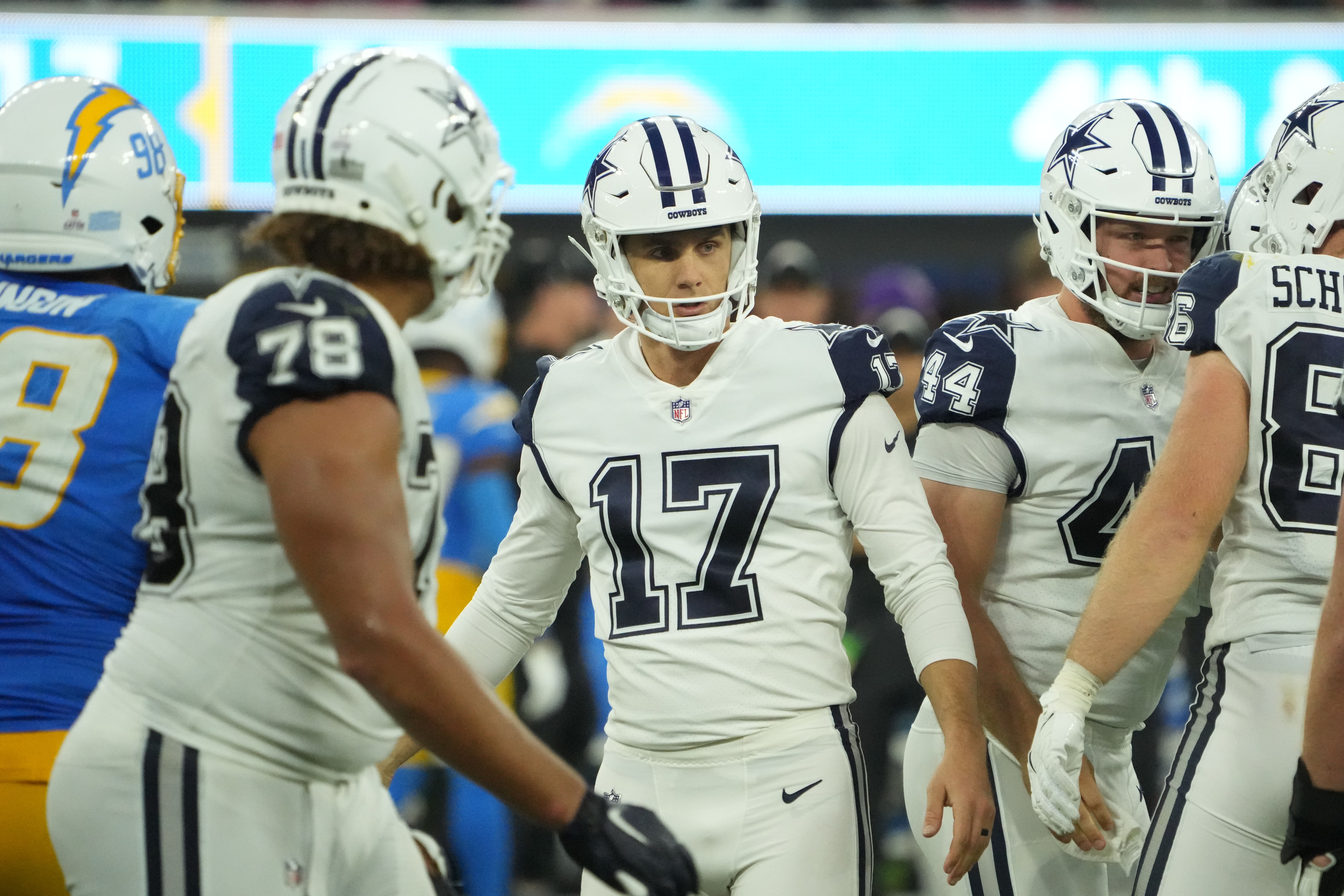 Dallas Cowboys place kicker Brandon Aubrey (17) celebrates with teammates after kicking a 39-yard field goal in the fourth quarter against the Los Angeles Chargers at SoFi Stadium.