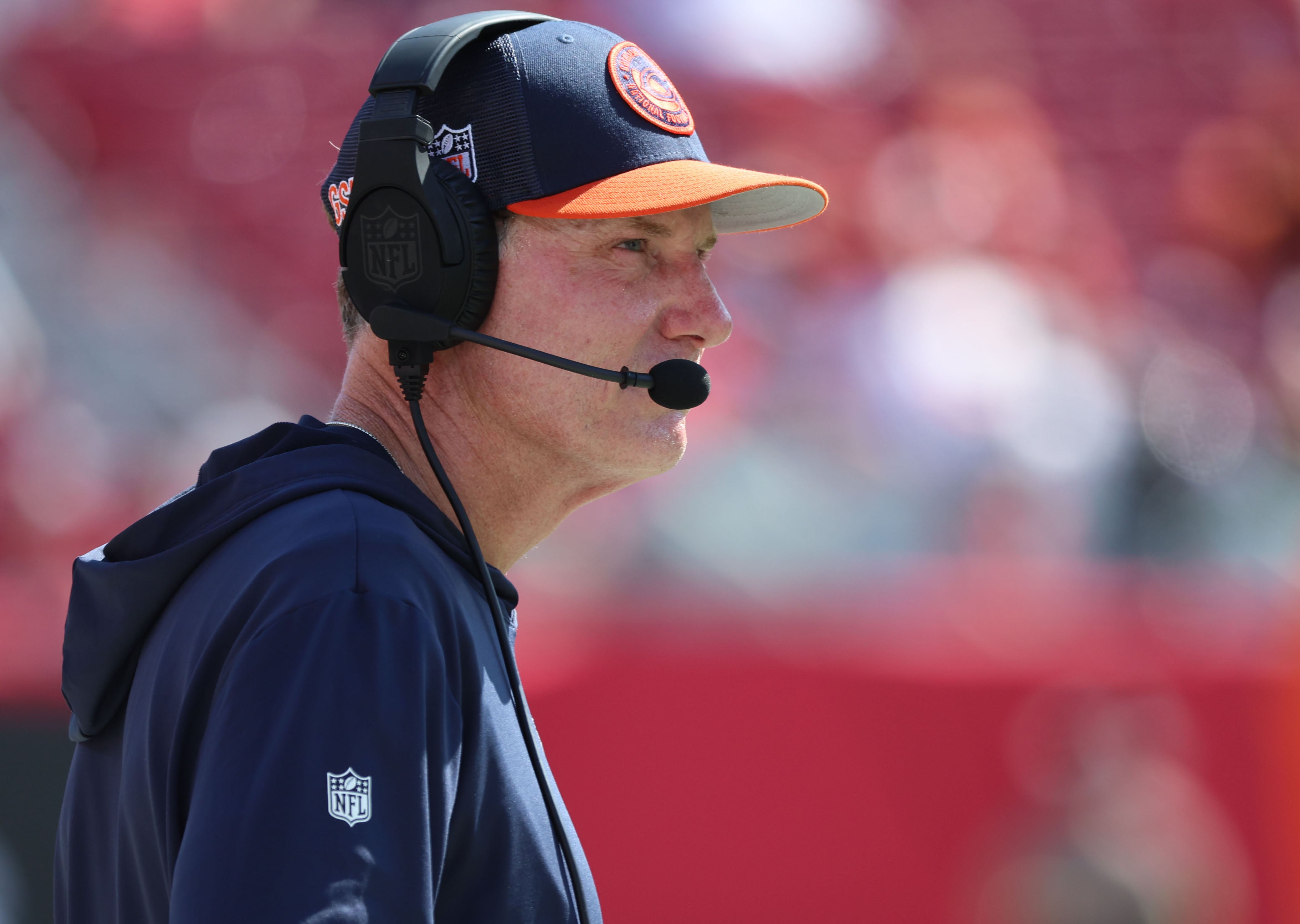 Sep 17, 2023; Tampa, Florida, USA; Chicago Bears head coach Matt Eberflus looks on during the second half against the Tampa Bay Buccaneers at Raymond James Stadium.