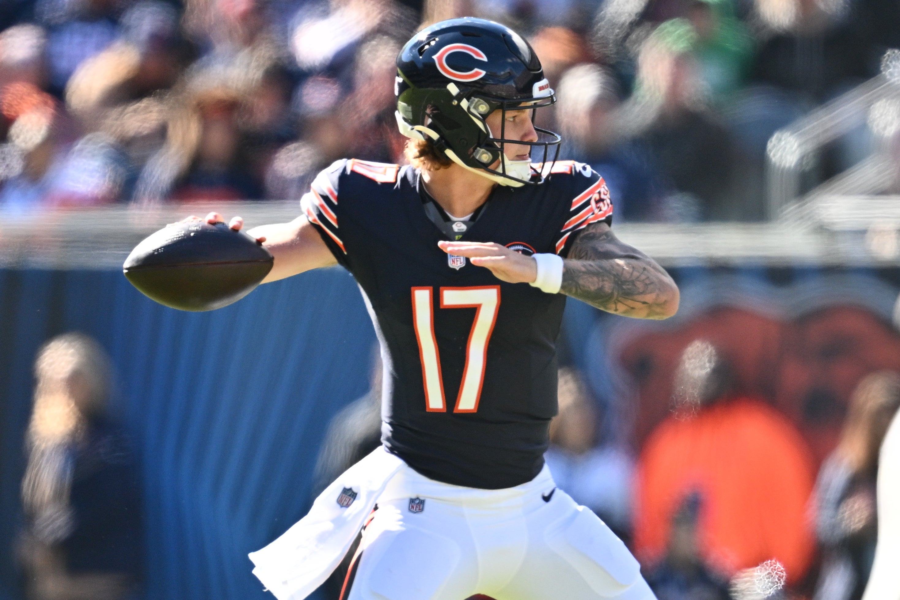 Oct 22, 2023; Chicago, Illinois, USA; Chicago Bears quarterback Tyson Bagent (17) passes in the first quarter against the Las Vegas Raiders at Soldier Field.
