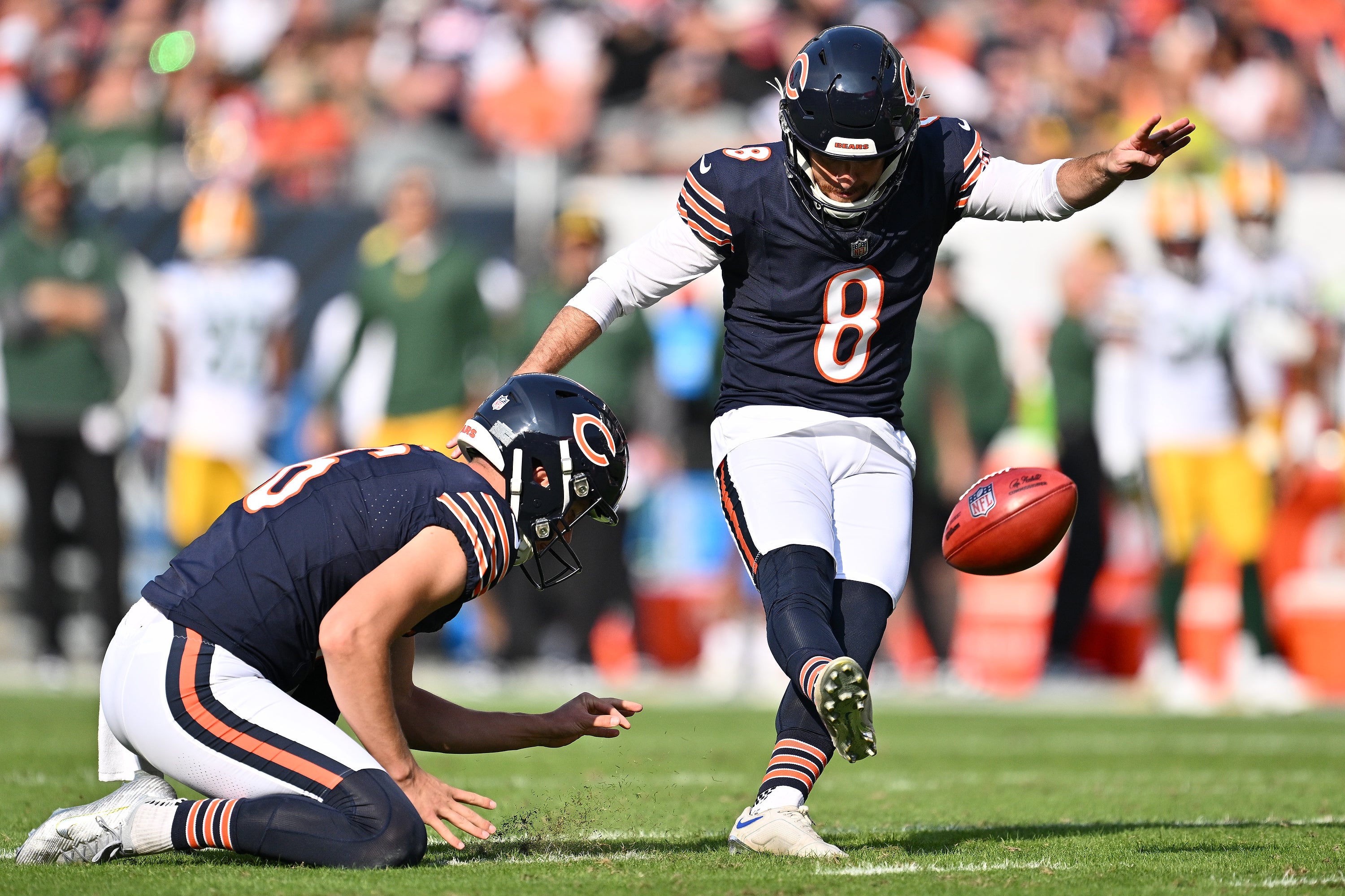 Sep 10, 2023; Chicago, Illinois, USA; Chicago Bears kicker Cairo Santos (8) kicks a 29-yard field goal in the first half against the Green Bay Packers at Soldier Field.