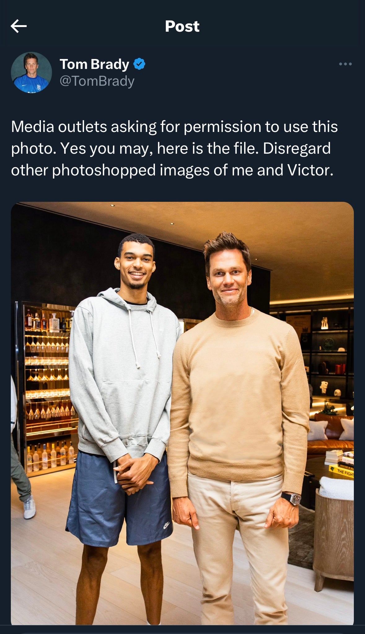 Tom Brady posted a photoshopped photo of himself with Victor Wembanyama