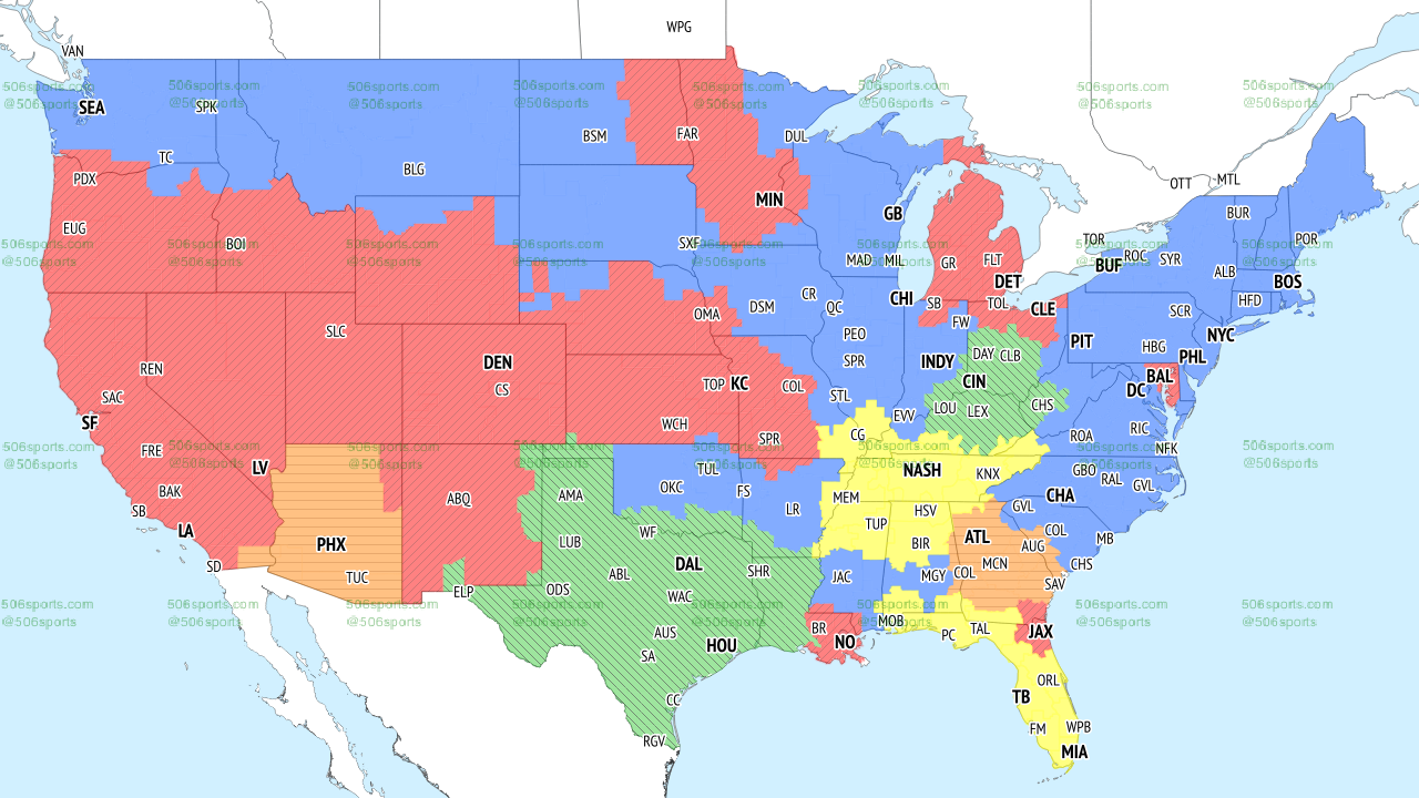 Broadcast map for CBS Sports' 1pm ET slate in Week 10