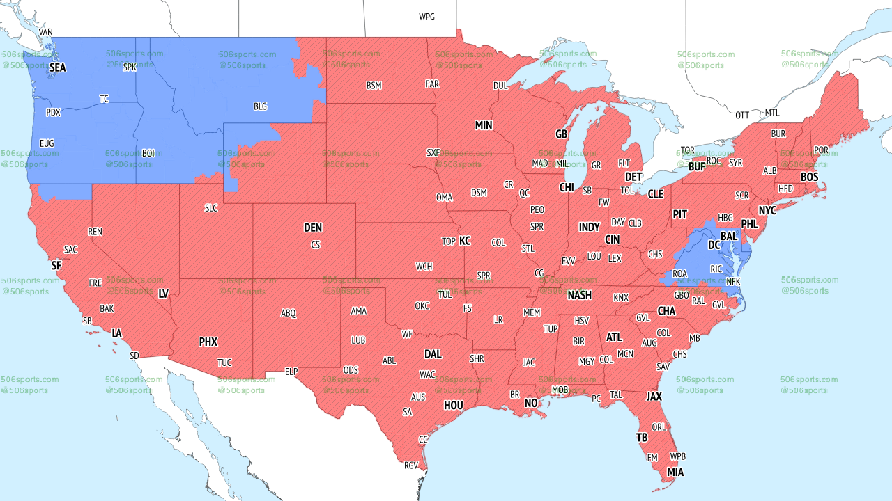 Cowboys vs Giants, Week 10 TV broadcast map.