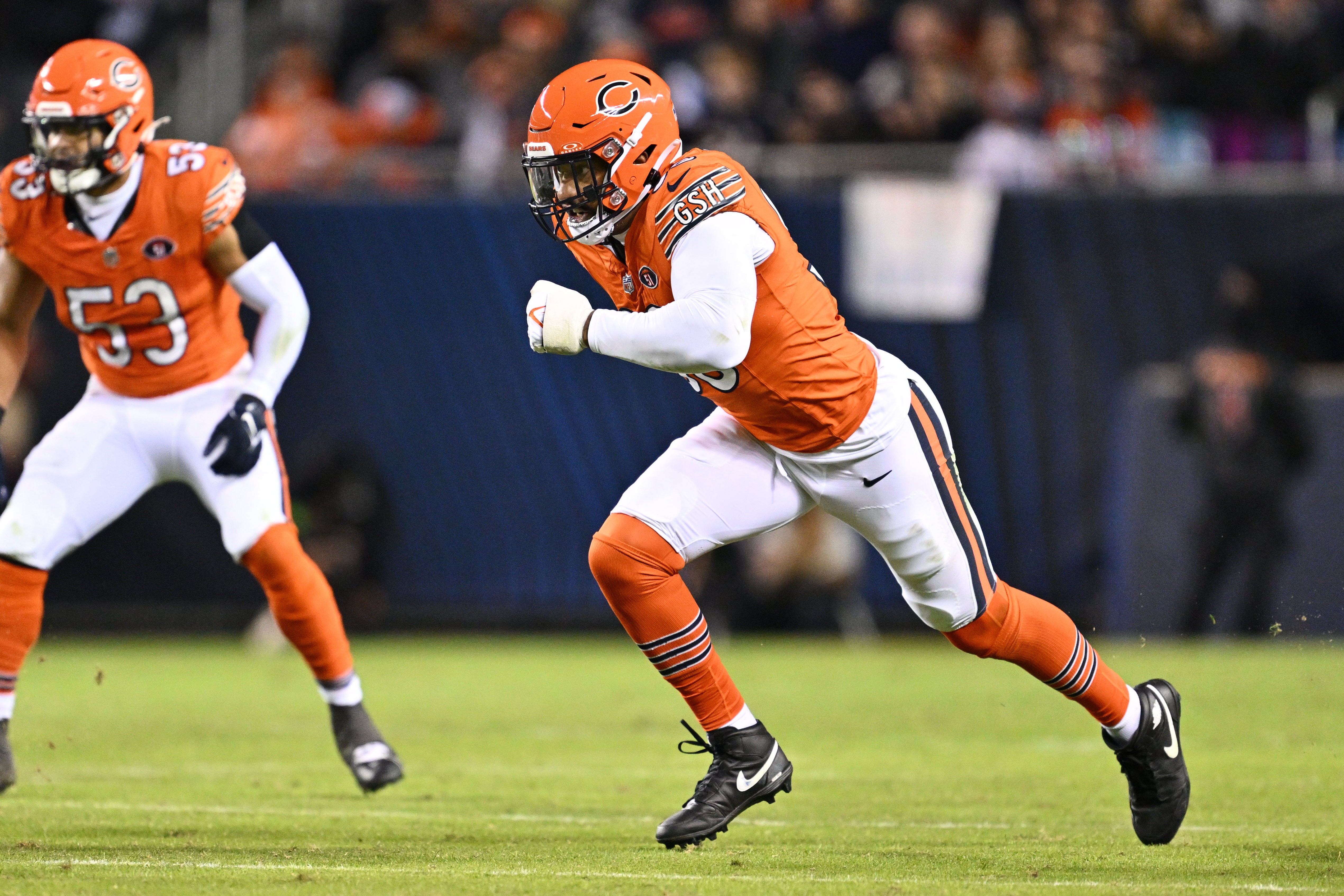 Nov 9, 2023; Chicago, Illinois, USA; Chicago Bears defensive lineman Montez Sweat (98) rushes against the Carolina Panthers in the second half at Soldier Field.