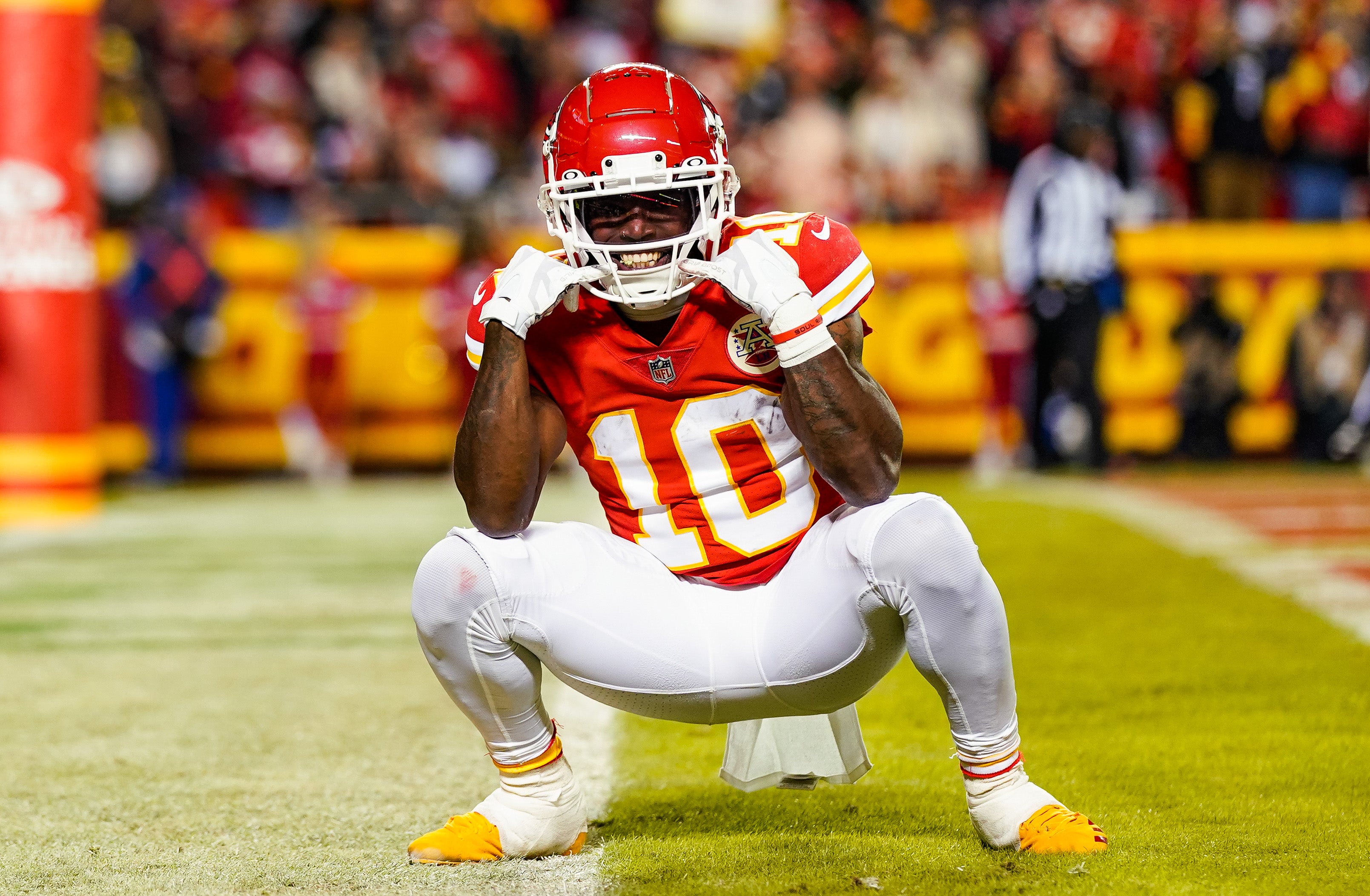 Jan 16, 2022; Kansas City, Missouri, USA; Kansas City Chiefs wide receiver Tyreek Hill (10) celebrates during the second half in an AFC Wild Card playoff football game against the Pittsburgh Steelers at GEHA Field at Arrowhead Stadium.
