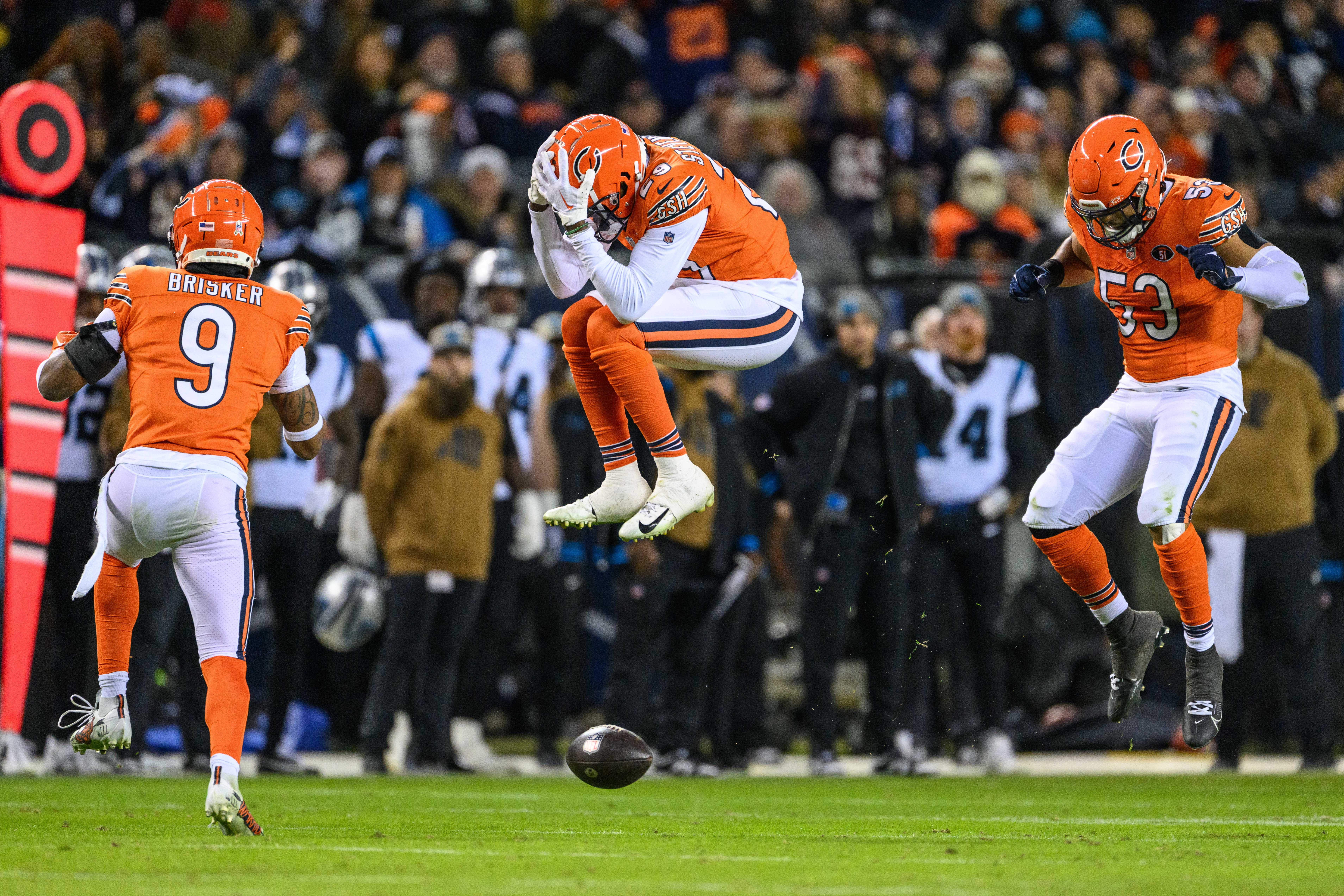 Nov 9, 2023; Chicago, Illinois, USA; Chicago Bears cornerback Tyrique Stevenson (29) reacts to a near interception against the Carolina Panthers during the second quarter at Soldier Field.