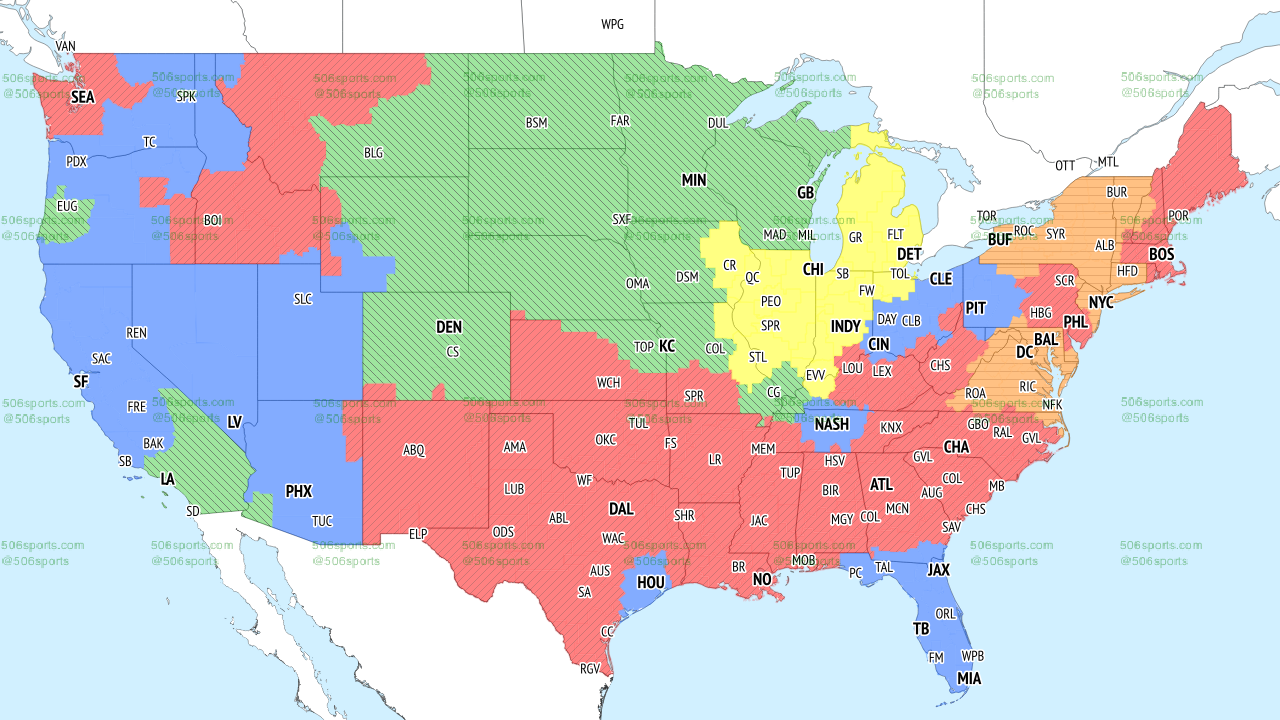 Cowboys @ Panthers in red, FOX broadcast map for NFL Week 11.