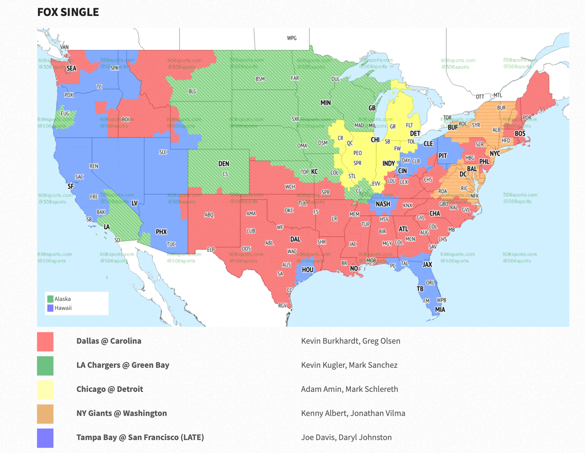 The Fox broadcast map for Week 11