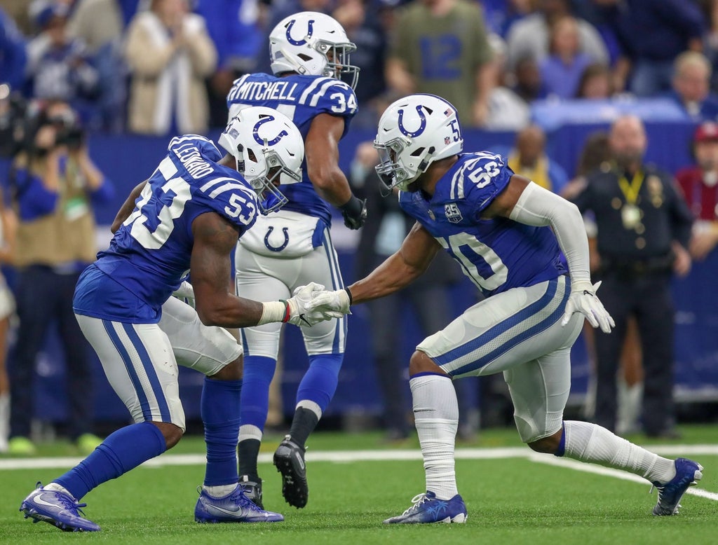 Colts outside linebackers Darius Leonard (53) and Anthony Walker (50) celebrate a Leonard sack against Tennessee Titans quarterback Marcus Mariota (8) at Lucas Oil Stadium