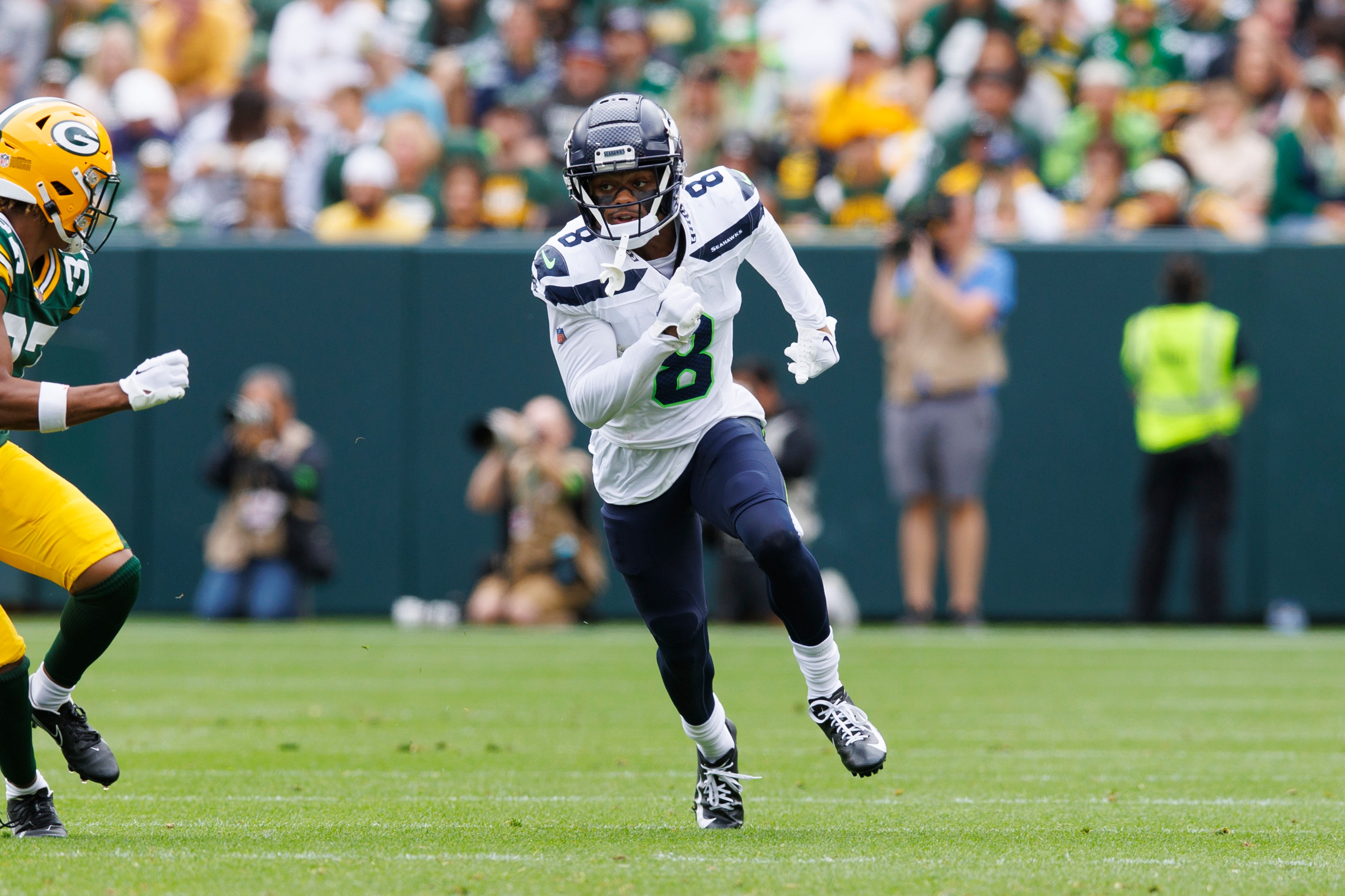 Aug 26, 2023; Green Bay, Wisconsin, USA; Seattle Seahawks cornerback Coby Bryant (8) during the game against the Green Bay Packers at Lambeau Field.