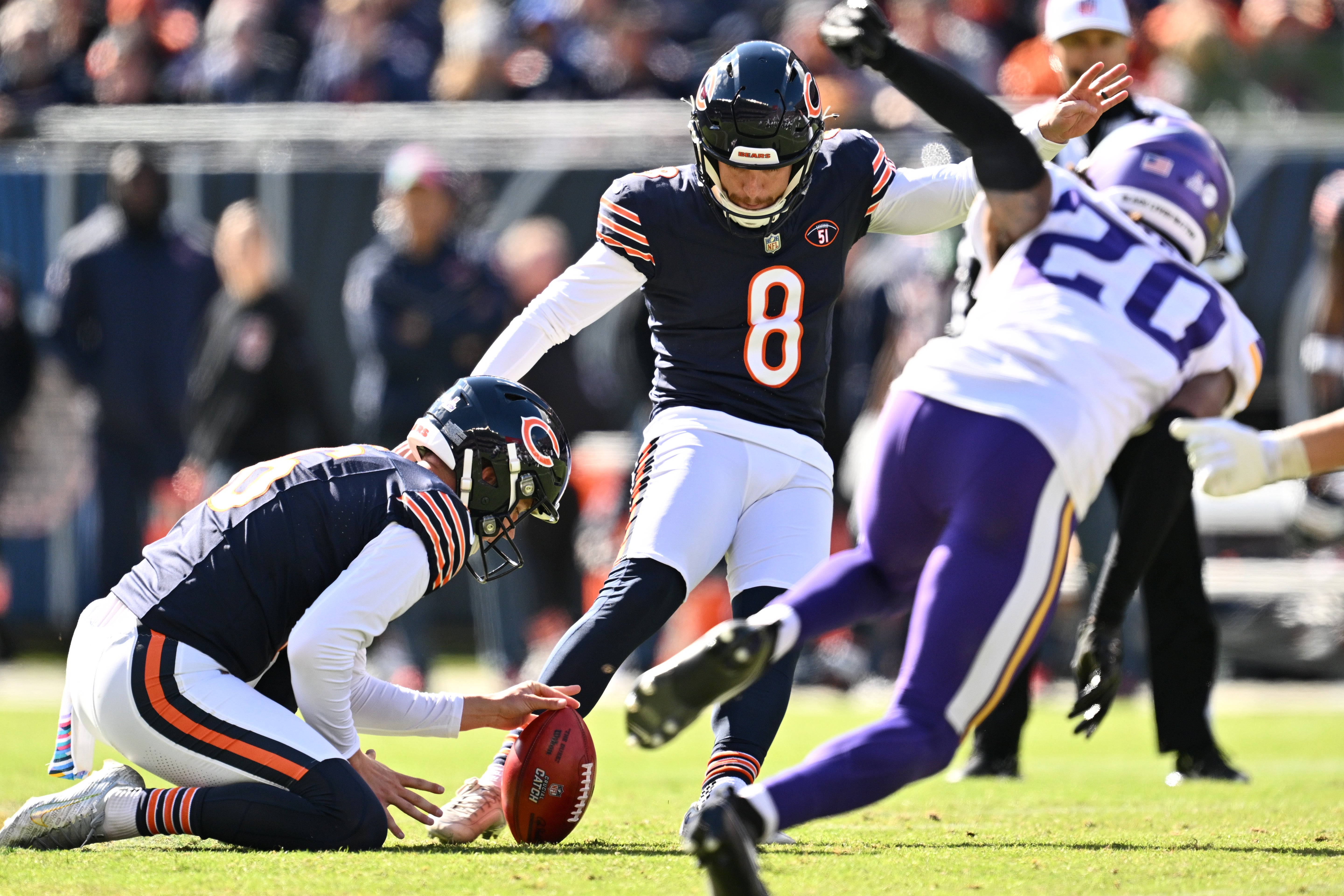 Oct 15, 2023; Chicago, Illinois, USA; Chicago Bears kicker Cairo Santos (8) kicks a 53-yard field goal in the first half against the Minnesota Vikings at Soldier Field.