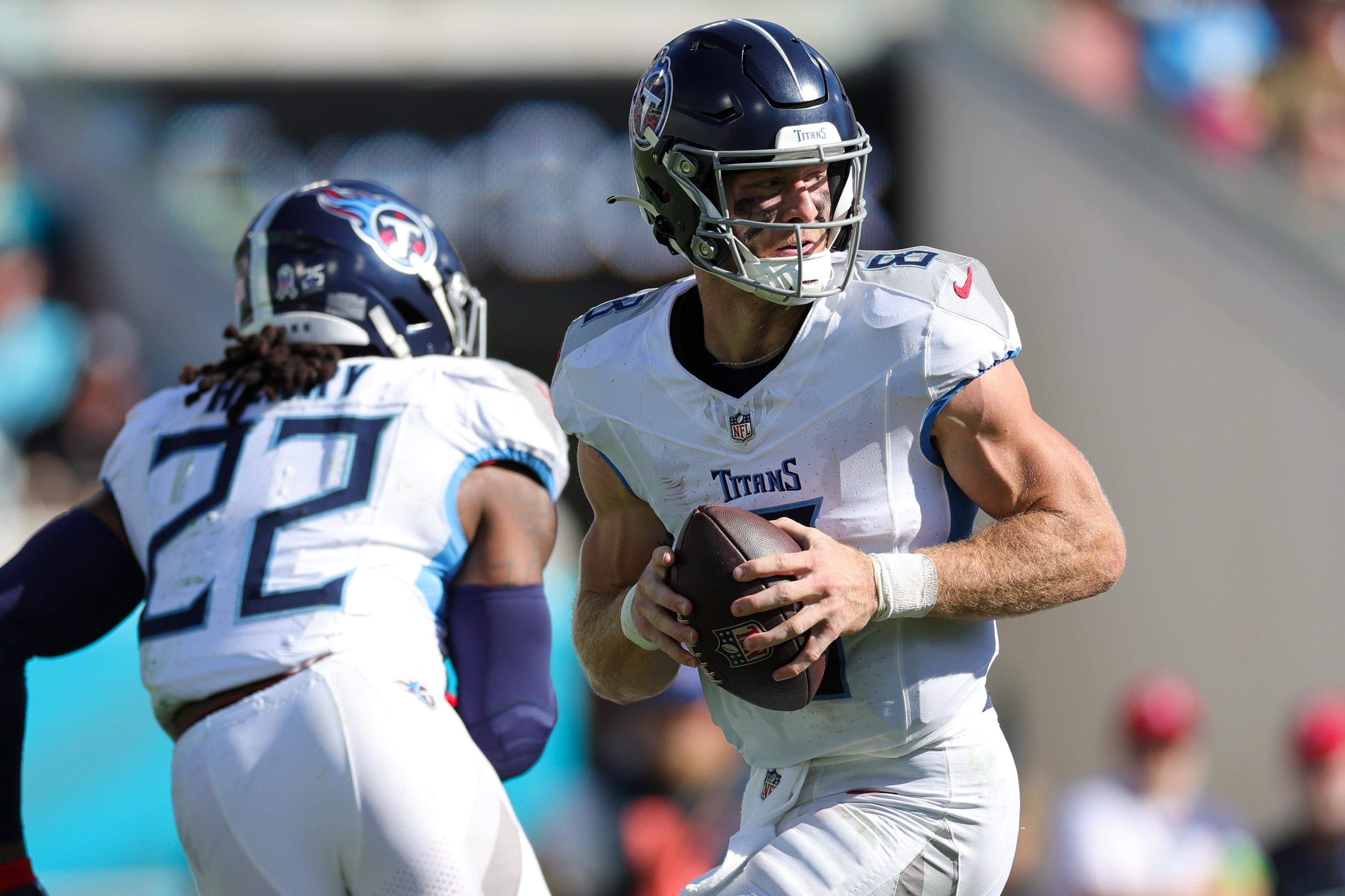 Nov 19, 2023; Jacksonville, Florida, USA; Tennessee Titans quarterback Will Levis (8) drops back to pass against the Jacksonville Jaguars in the second quarter at EverBank Stadium. Mandatory Credit: Nathan Ray Seebeck-USA TODAY Sports