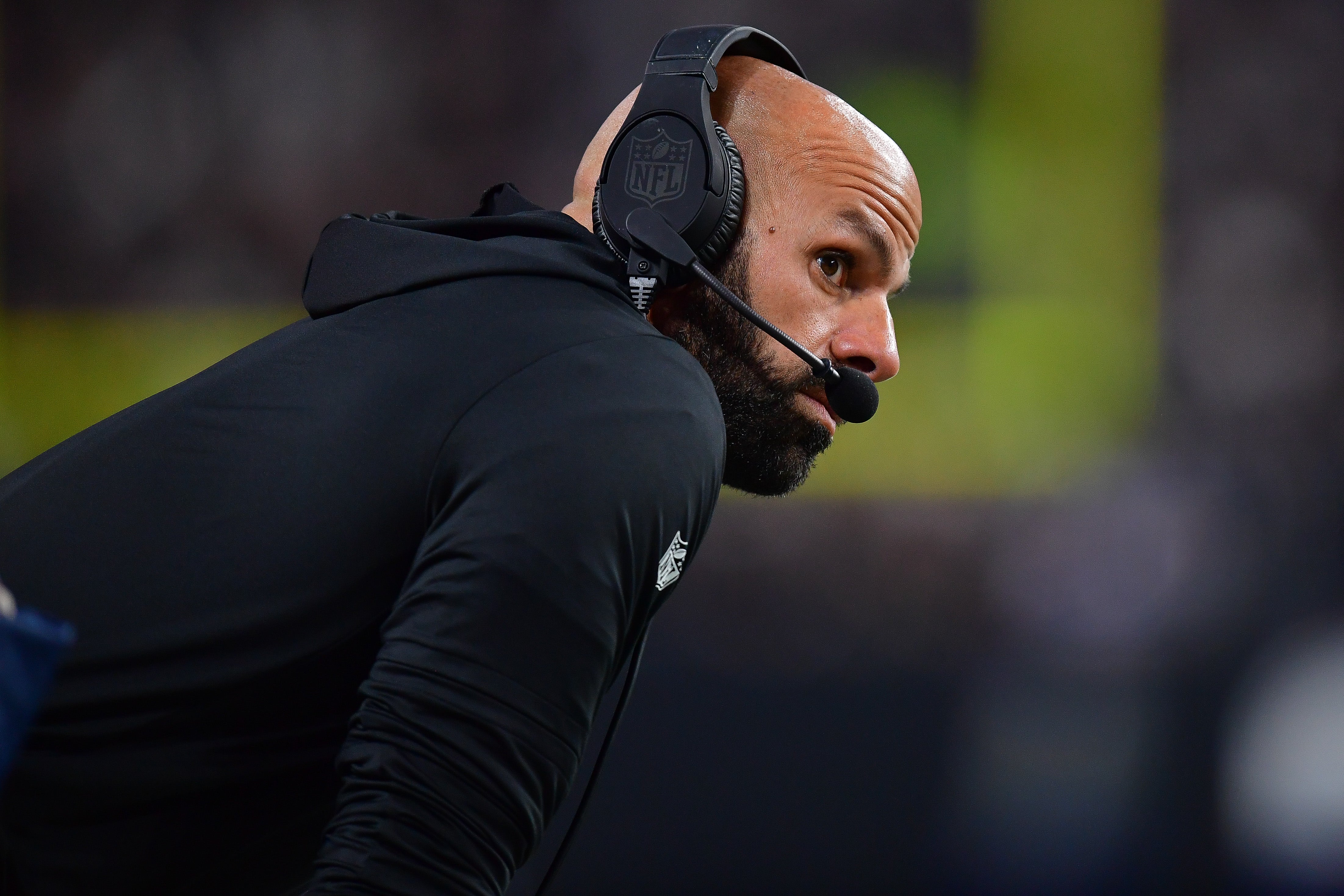 New York Jets head coach Robert Saleh watches game action against the Las Vegas Raiders during the first half at Allegiant Stadium.