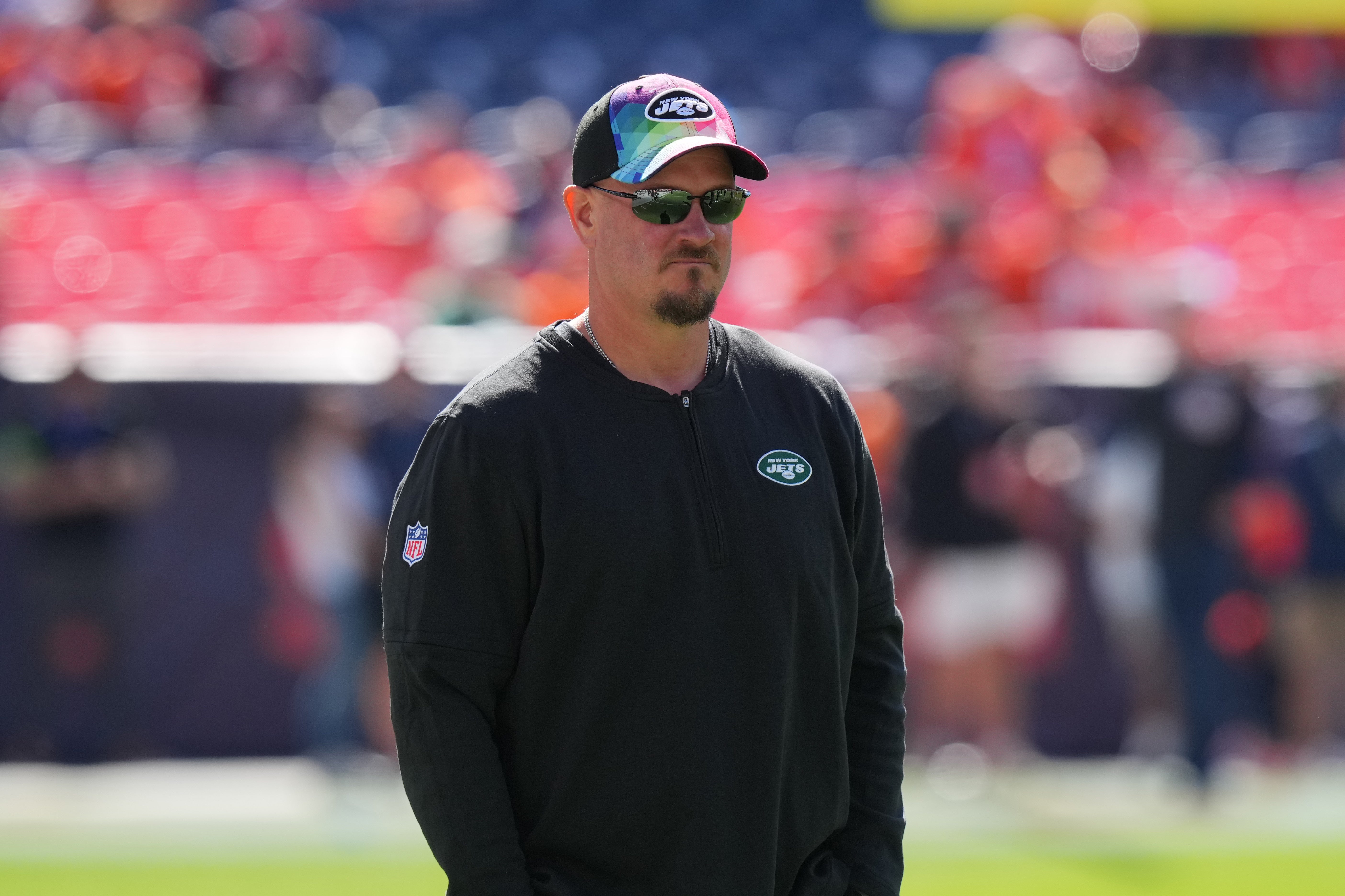 New York Jets offensive coordinator Nathaniel Hackett before the game against the Denver Broncos at Empower Field at Mile High.