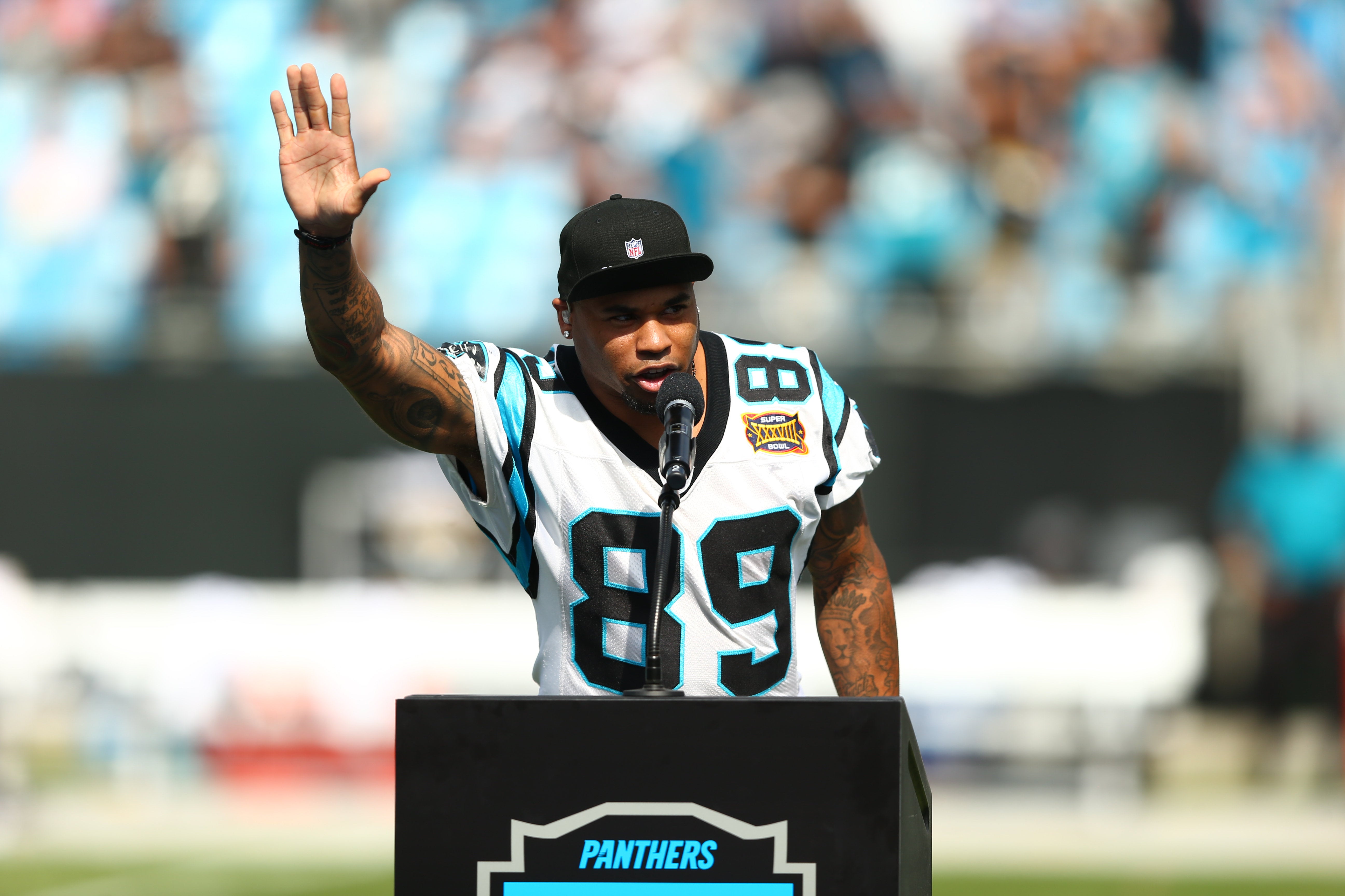 Oct 6, 2019; Charlotte, NC, USA; Former Carolina Panthers wide receiver Steve Smith Sr. speaks during the Hall of Honor ceremony during halftime against the Jacksonville Jaguars at Bank of America Stadium. Mandatory Credit: Jeremy Brevard-USA TODAY Sports
