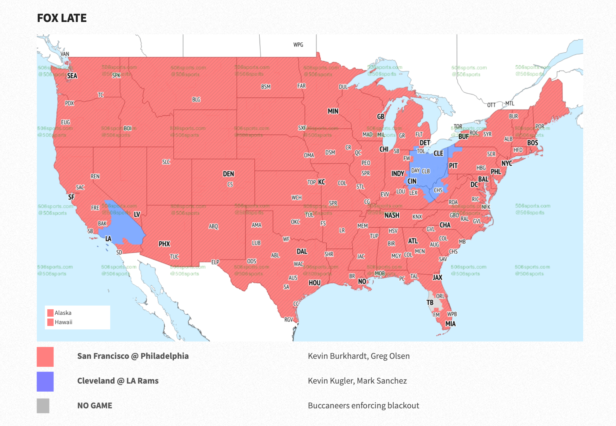 The broadcast map for Fox's late window in Week 13.