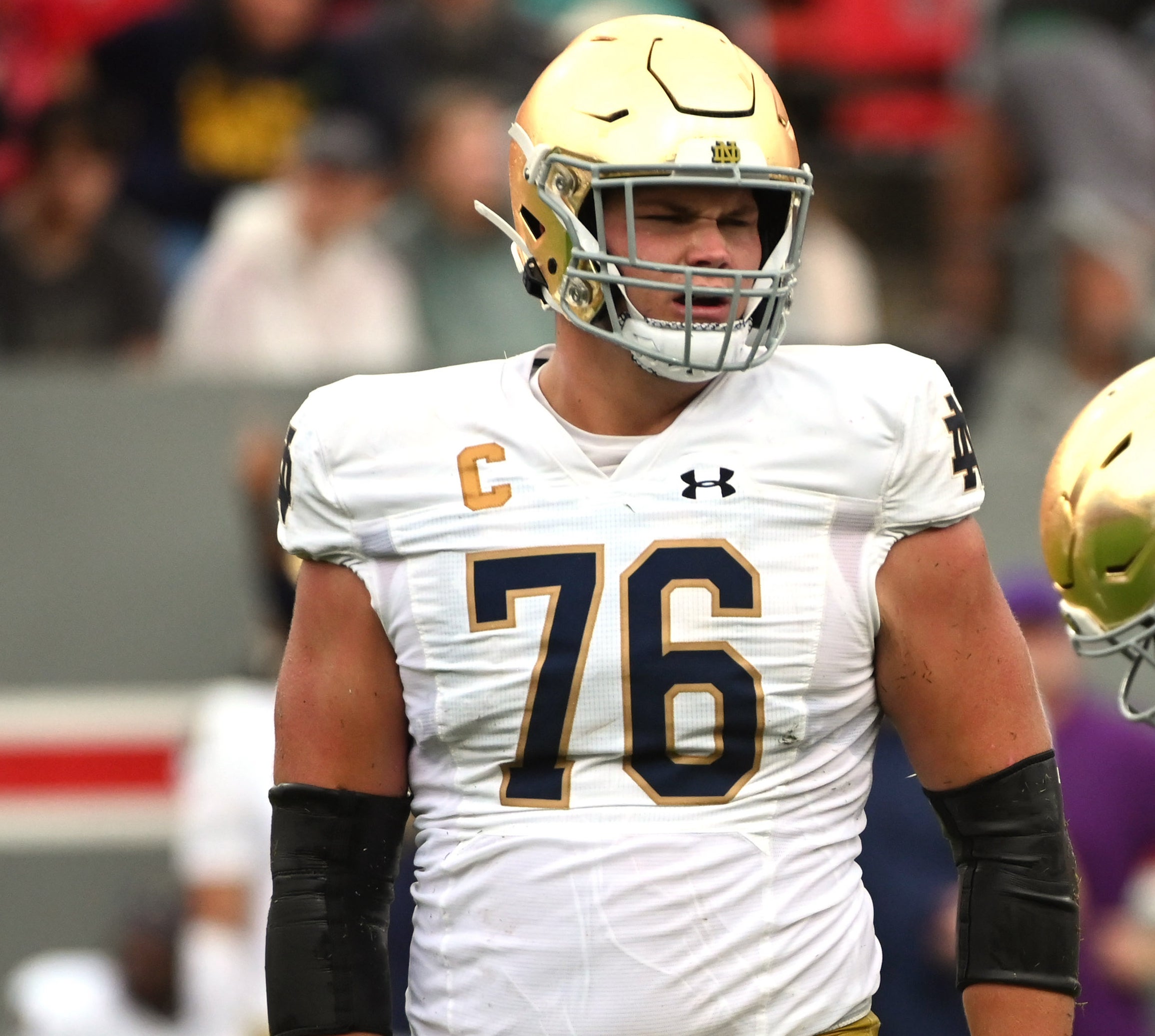 Sep 9, 2023; Raleigh, North Carolina, USA; Notre Dame Fighting Irish tackle Joe Alt (76) during the first half at Carter-Finley Stadium.