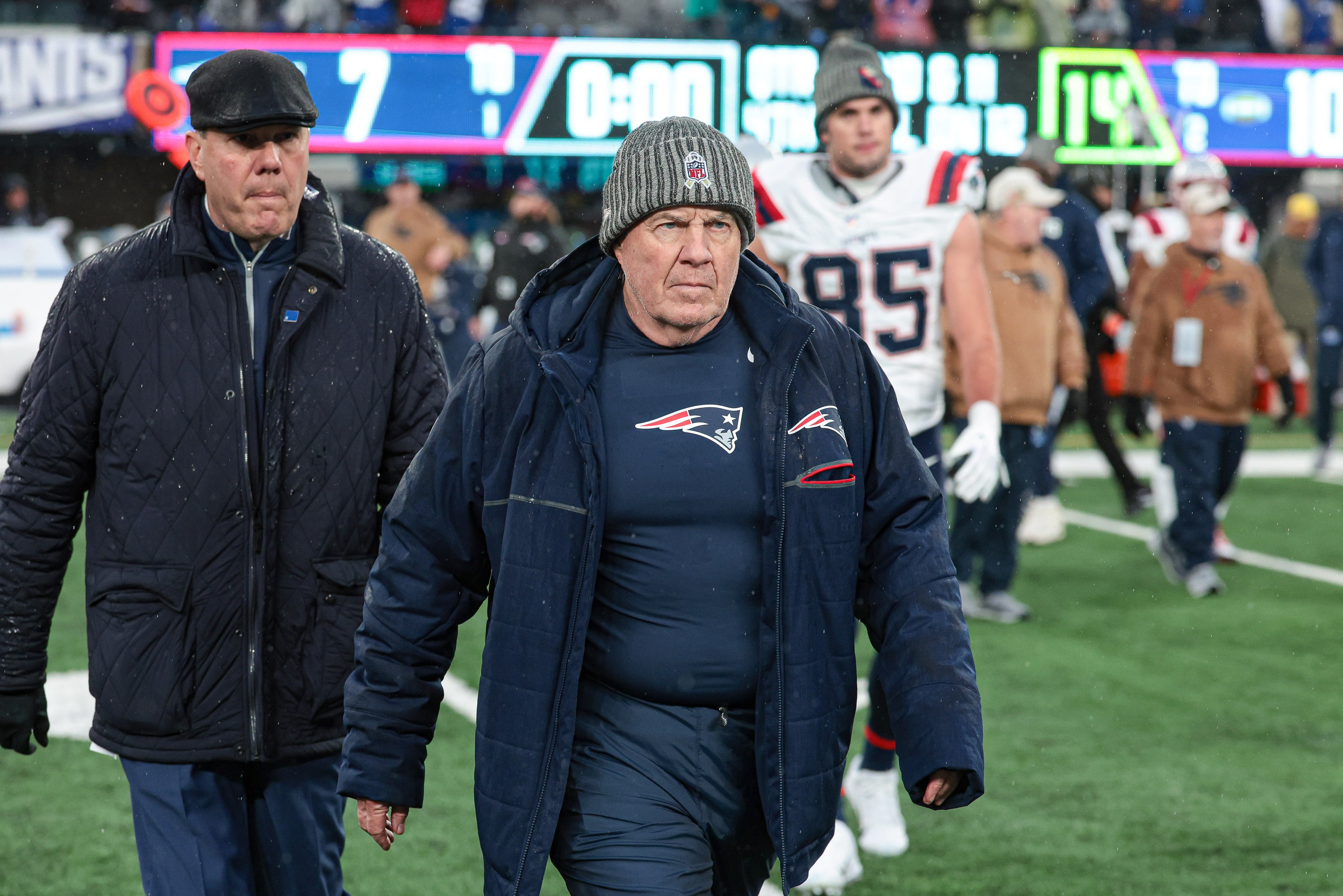 Nov 26, 2023; East Rutherford, New Jersey, USA; New England Patriots head coach Bill Belichick walks off the field after the game against the New York Giants at MetLife Stadium.