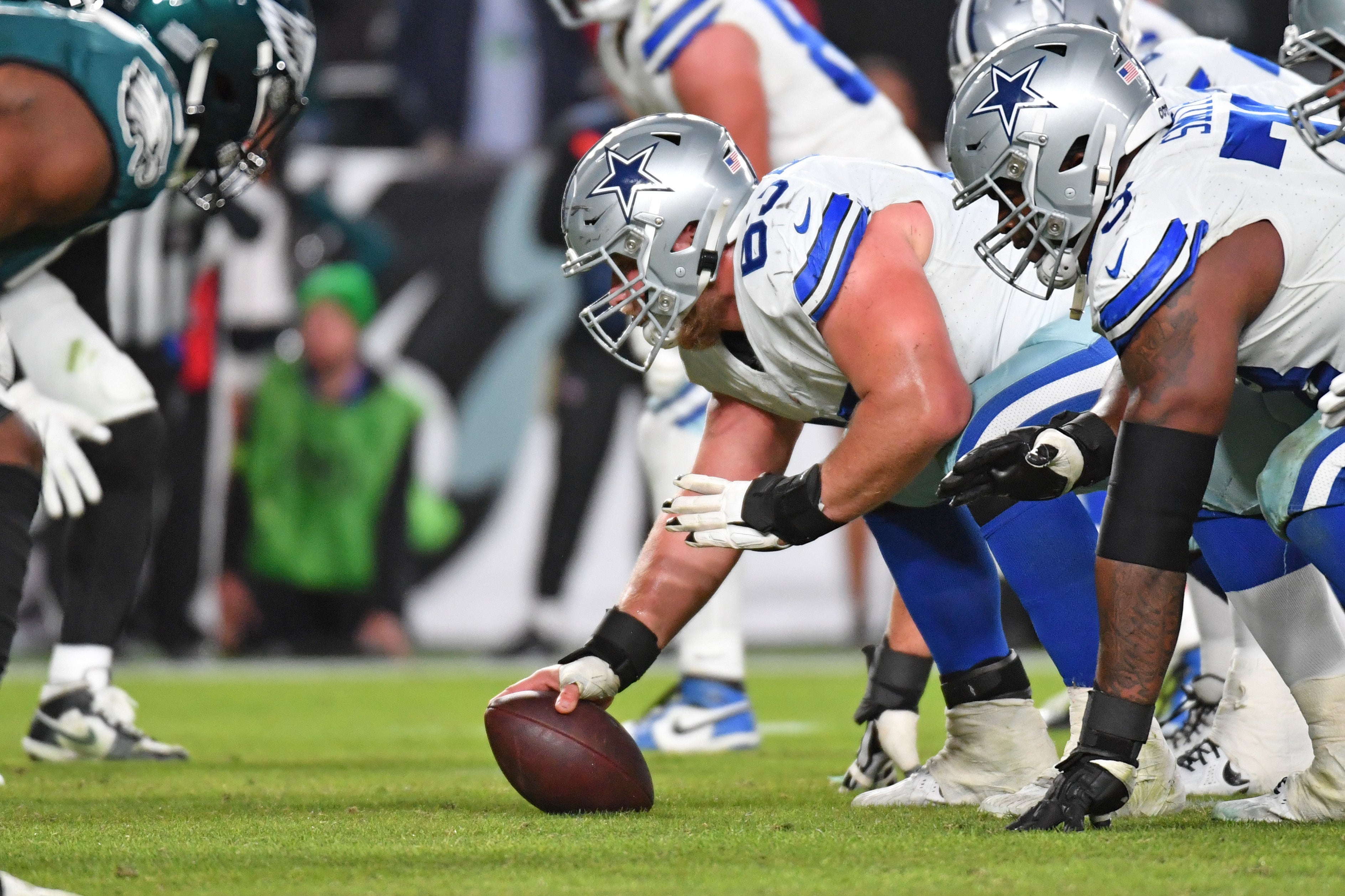 Dallas Cowboys center Tyler Biadasz (63) prepares to snap the ball against the Philadelphia Eagles at Lincoln Financial Field.
