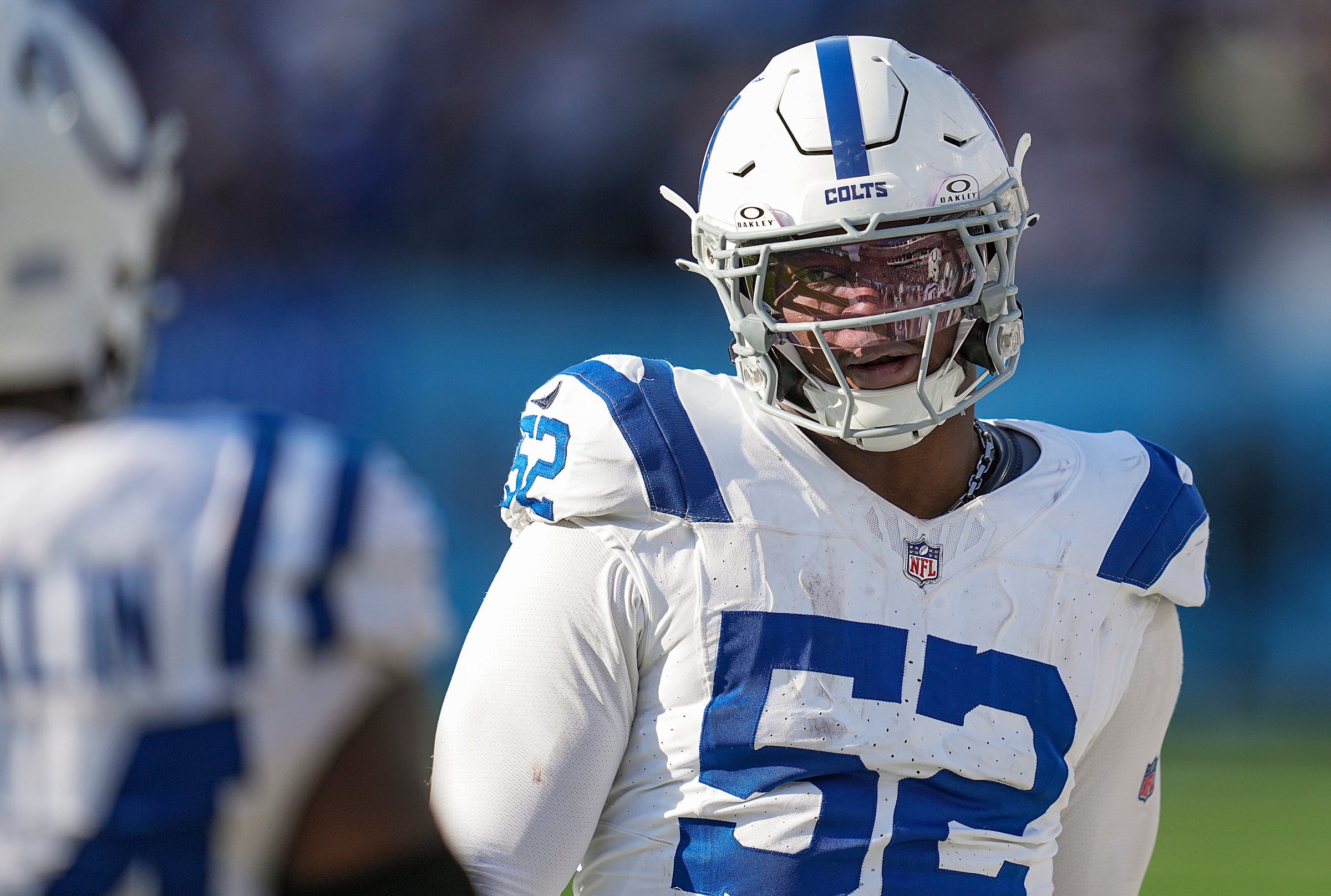 Indianapolis Colts defensive end Samson Ebukam (52) walks the sidelines Sunday, Dec. 3, 2023, during a game against the Tennessee Titans at Nissan Stadium in Nashville, Tenn.