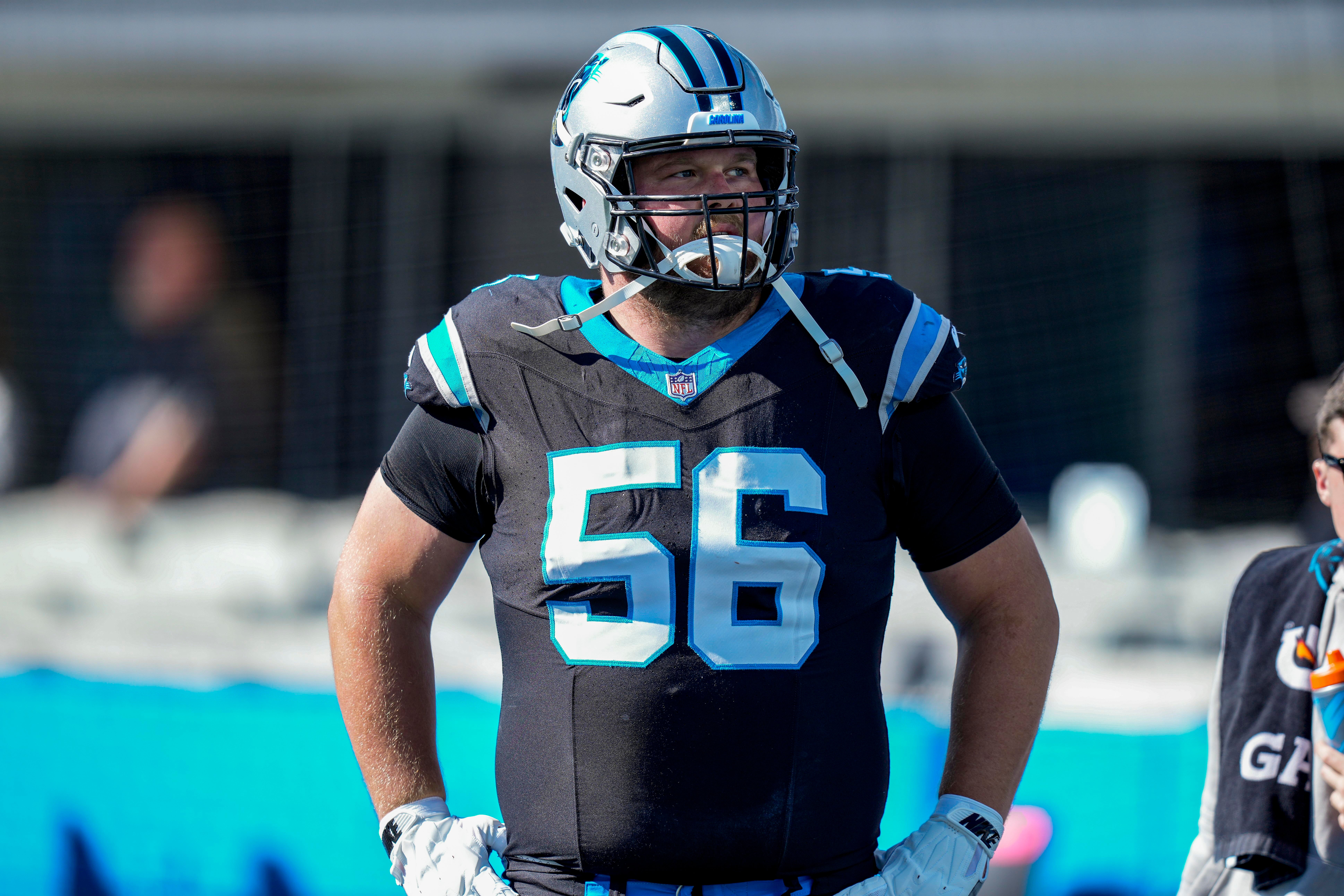 Nov 19, 2023; Charlotte, North Carolina, USA; Carolina Panthers center Bradley Bozeman (56) during pregame warm ups against the Dallas Cowboys at Bank of America Stadium. Mandatory Credit: Jim Dedmon-USA TODAY Sports