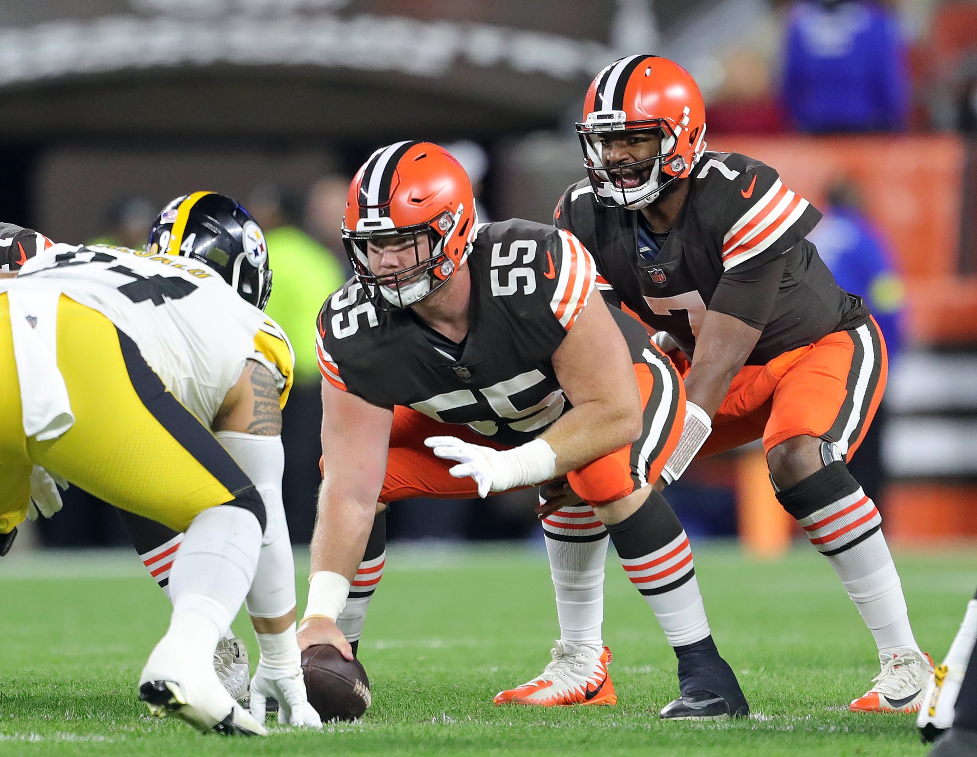 Browns quarterback Jacoby Brissett under center Ethan Pocic during the first half against the Pittsburgh Steelers, Thursday, Sept. 22, 2022, in Cleveland. Brownssteelers 35