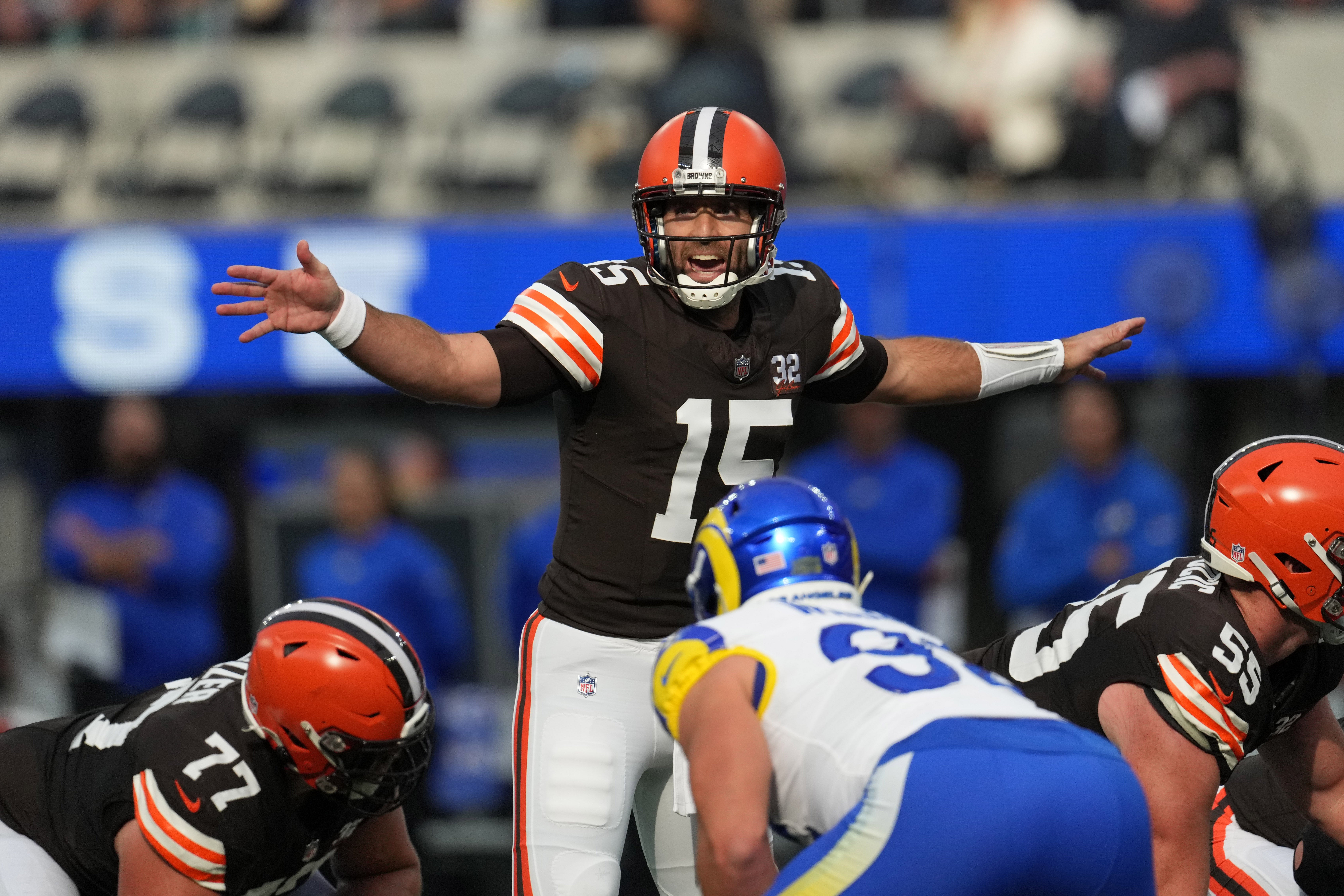 Dec 3, 2023; Inglewood, California, USA; Cleveland Browns quarterback Joe Flacco (15) gestures against the Los Angeles Rams in the first half at SoFi Stadium. Mandatory Credit: Kirby Lee-USA TODAY Sports
