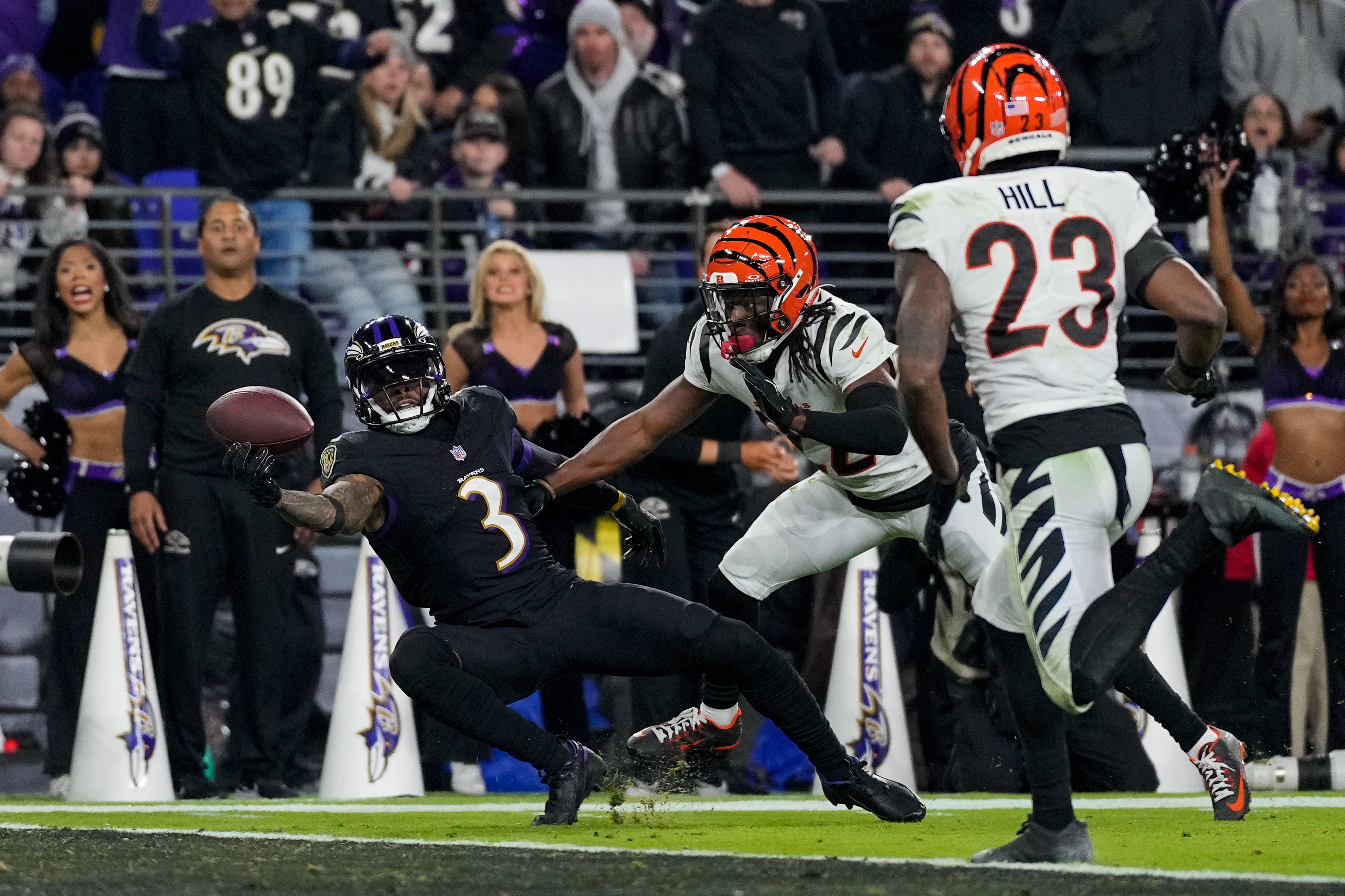 Nov 16, 2023; Baltimore, Maryland, USA; Baltimore Ravens wide receiver Odell Beckham Jr. (3) is unable to pull in a pass just short of the end zone in the third quarter against the Cincinnati Bengals at M&T Bank Stadium. Mandatory Credit: Sam Greene-USA TODAY Sports