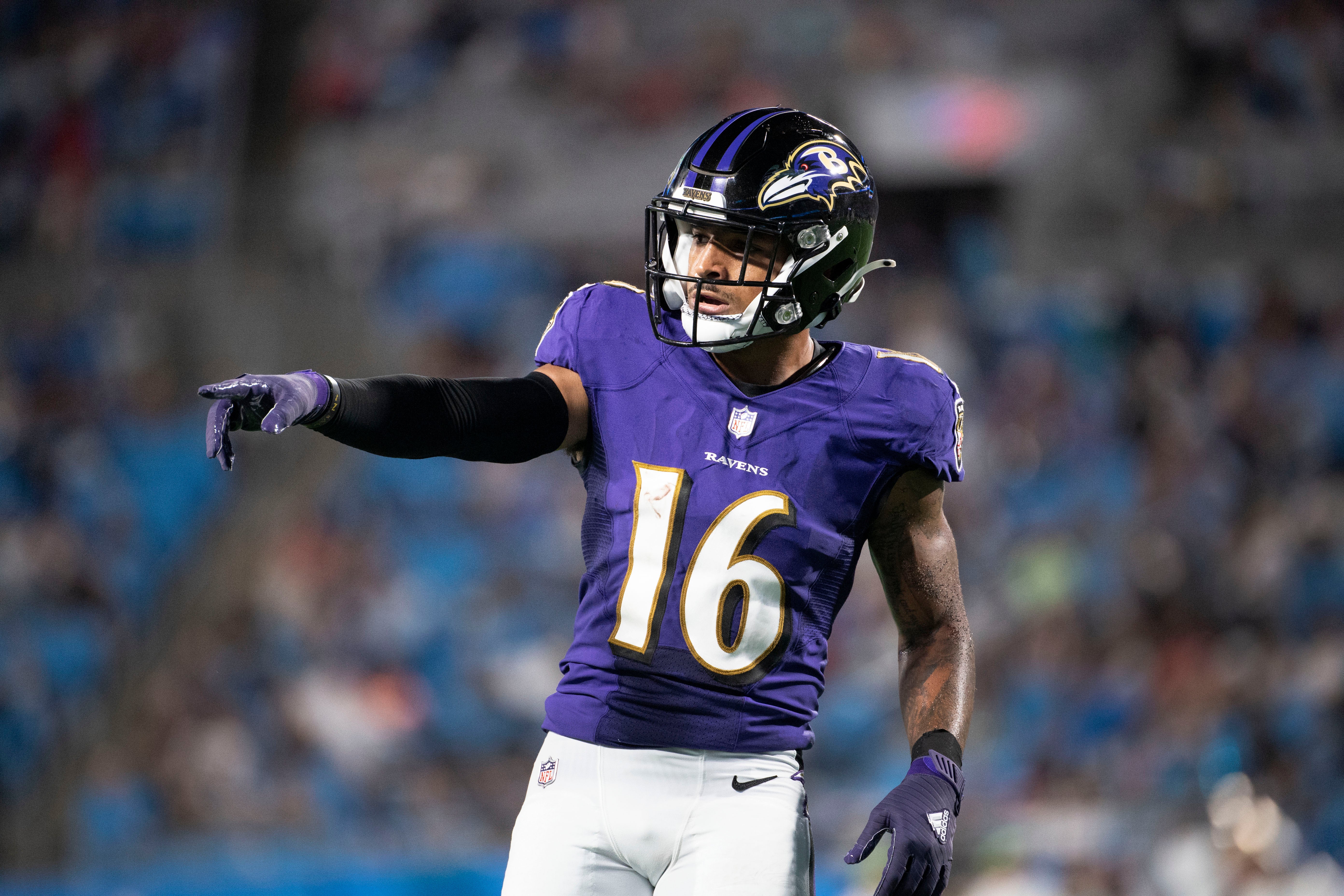 Baltimore Ravens wide receiver Tylan Wallace (16) on the field in the third quarter at Bank of America Stadium. Mandatory Credit: Bob Donnan-USA TODAY Sports