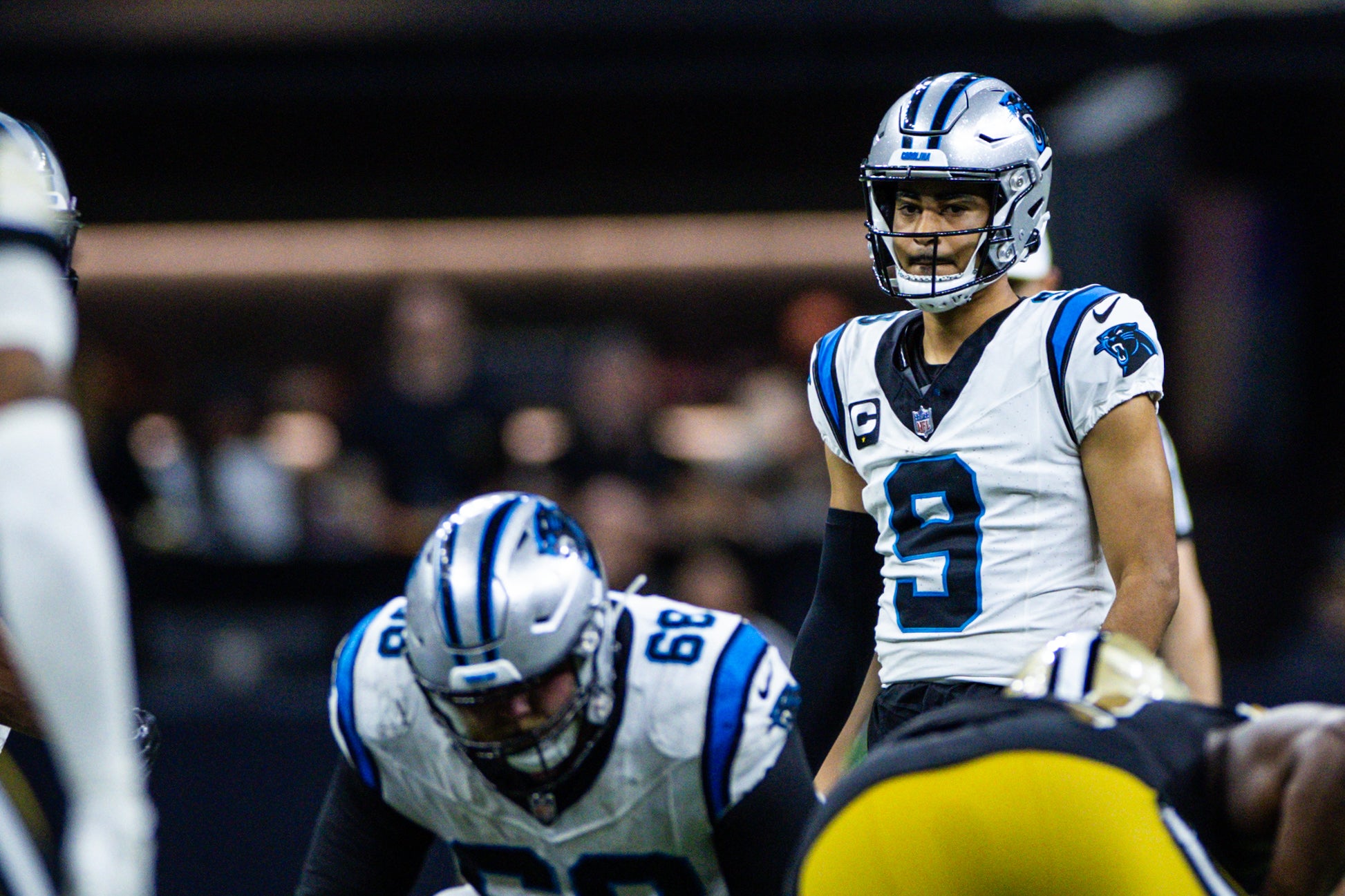 Dec 10, 2023; New Orleans, Louisiana, USA; Carolina Panthers quarterback Bryce Young (9) looks over the New Orleans Saints defense during the second half at the Caesars Superdome. Mandatory Credit: Stephen Lew-USA TODAY
