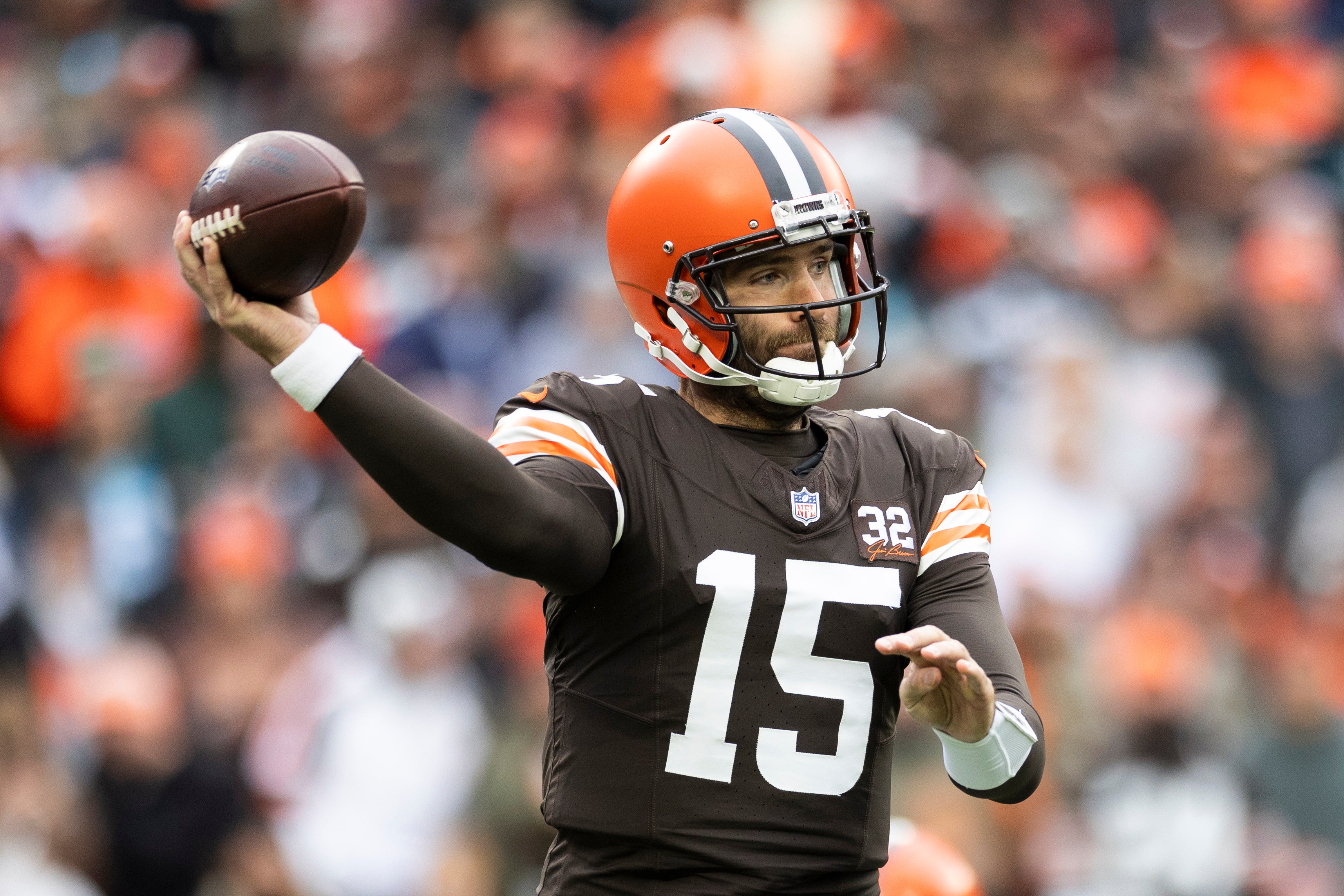 Dec 10, 2023; Cleveland, Ohio, USA; Cleveland Browns quarterback Joe Flacco (15) throws the ball during the first quarter against the Jacksonville Jaguars at Cleveland Browns Stadium. Mandatory Credit: Scott Galvin-USA TODAY Sports