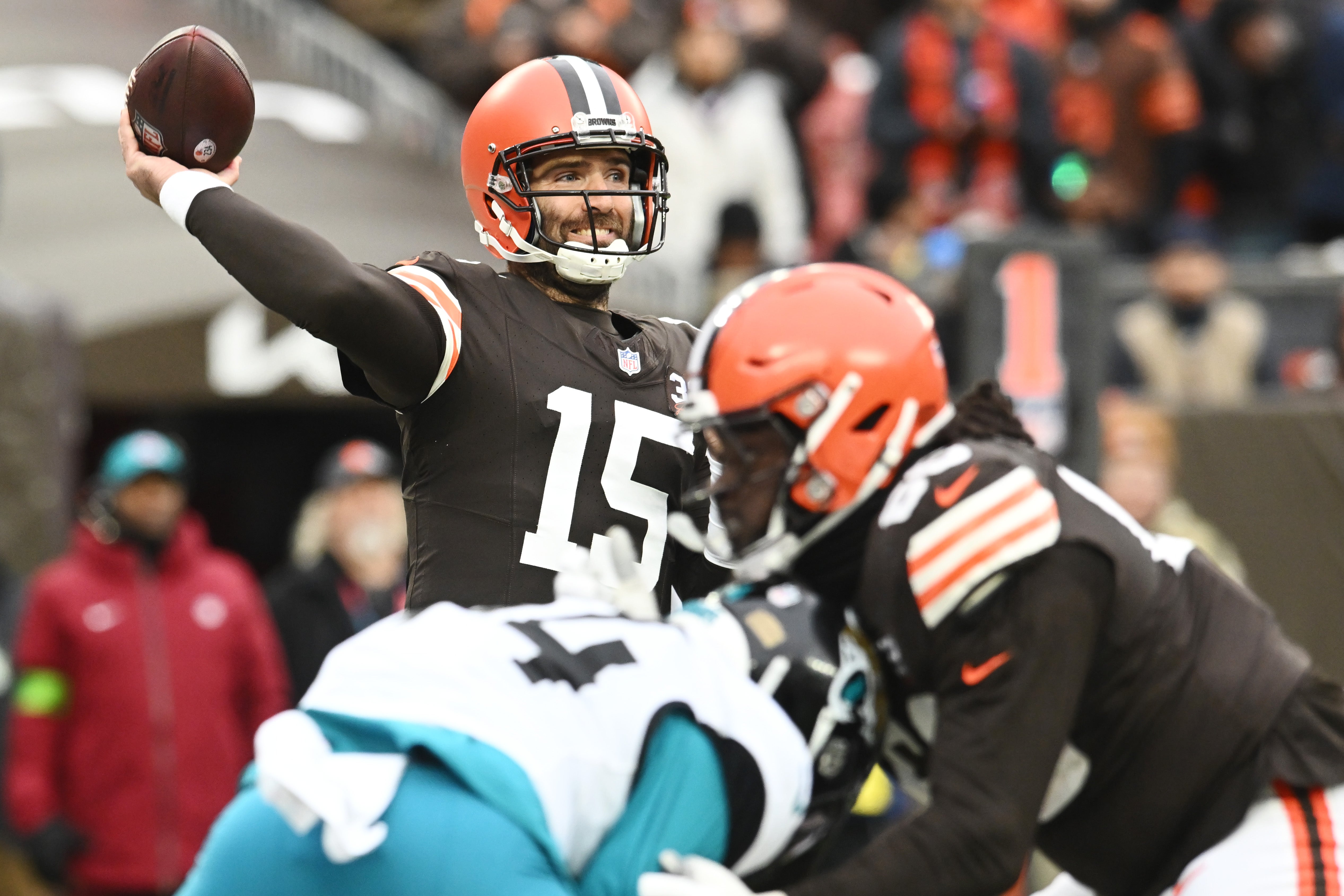 Dec 10, 2023; Cleveland, Ohio, USA; Cleveland Browns quarterback Joe Flacco (15) throws a pass during the first half against the Jacksonville Jaguars at Cleveland Browns Stadium. Mandatory Credit: Ken Blaze-USA TODAY Sports
