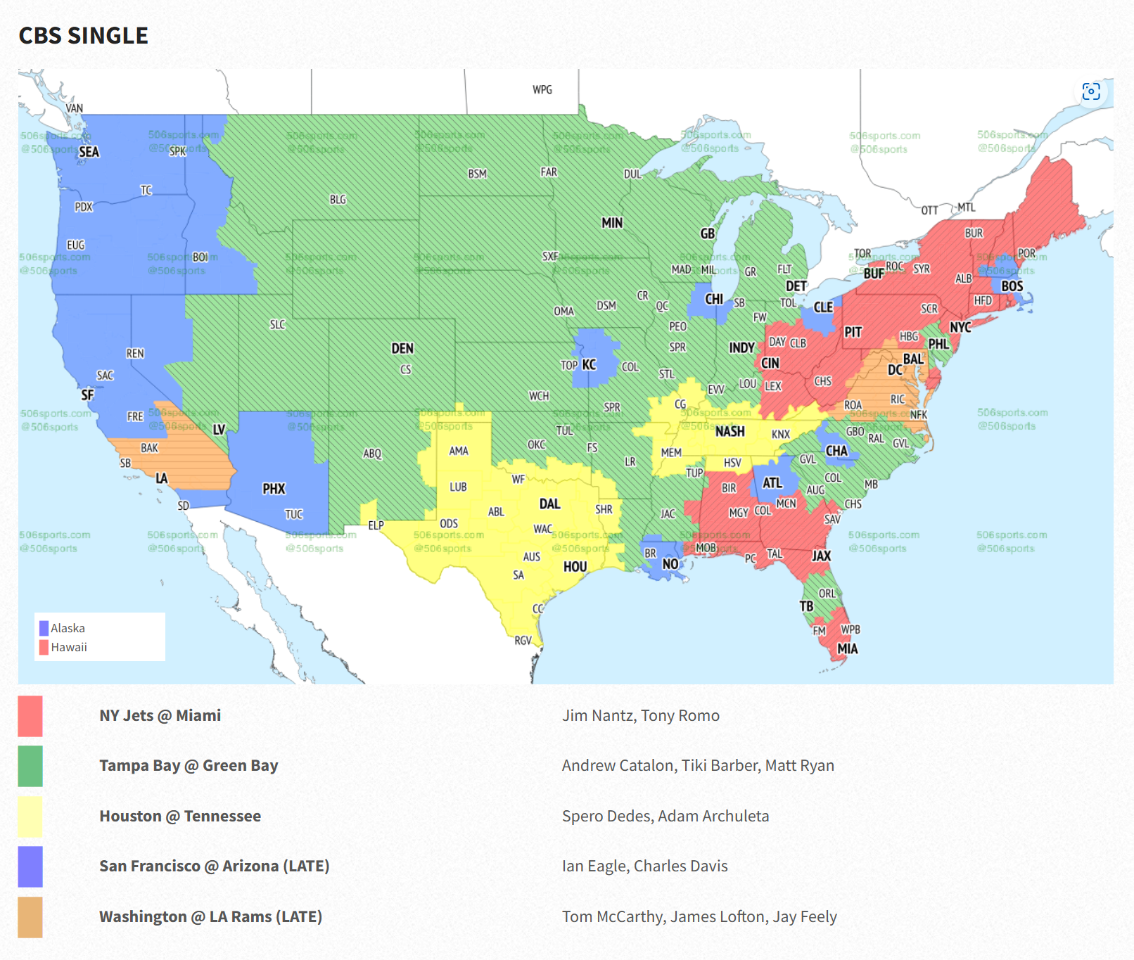 CBS single-game broadcast map for Week 15 matchups.