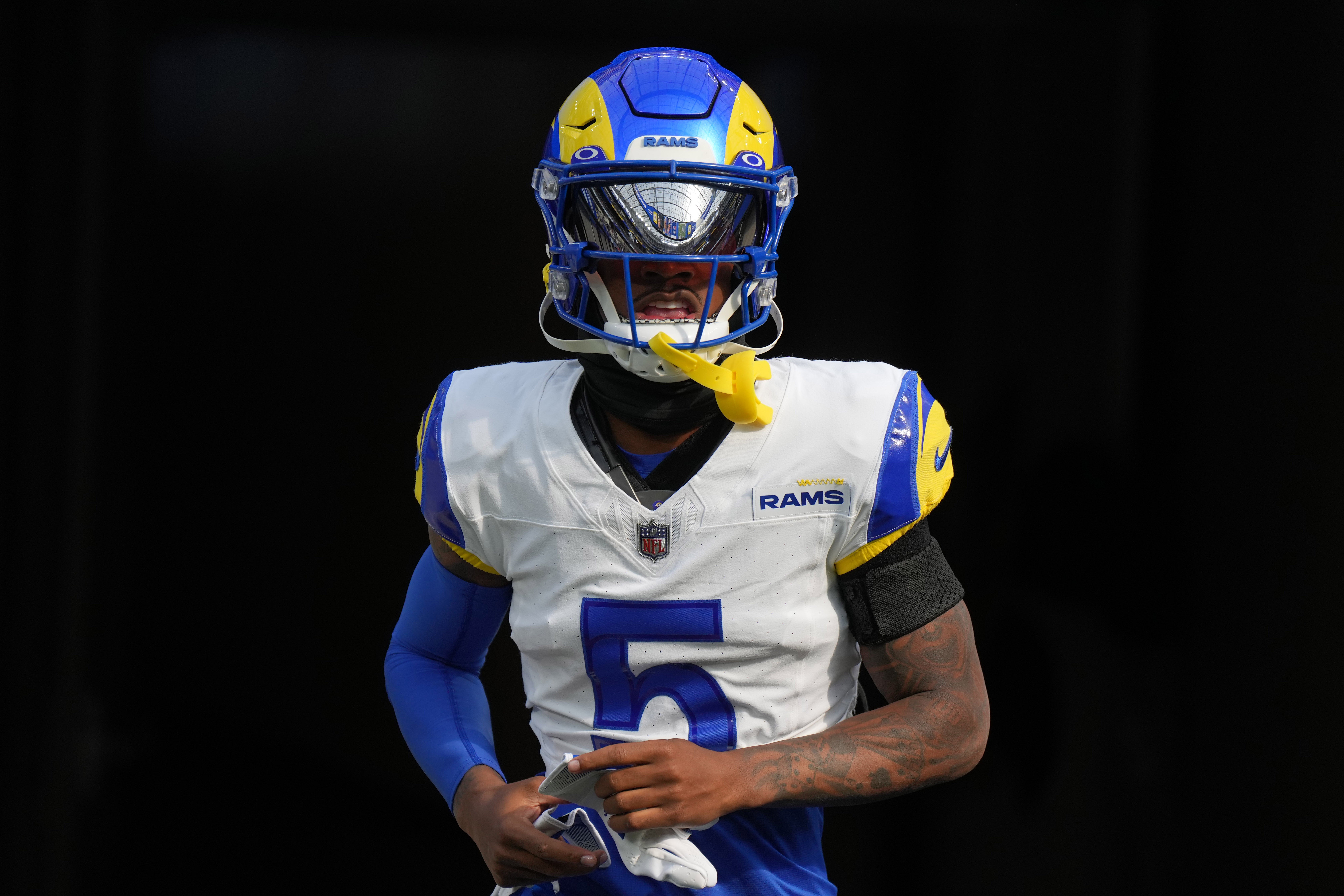 Dec 3, 2023; Inglewood, California, USA; Los Angeles Rams wide receiver Tutu Atwell (5) reacts during the game against the Cleveland Browns at SoFi Stadium. Mandatory Credit: Kirby Lee-USA TODAY Sports