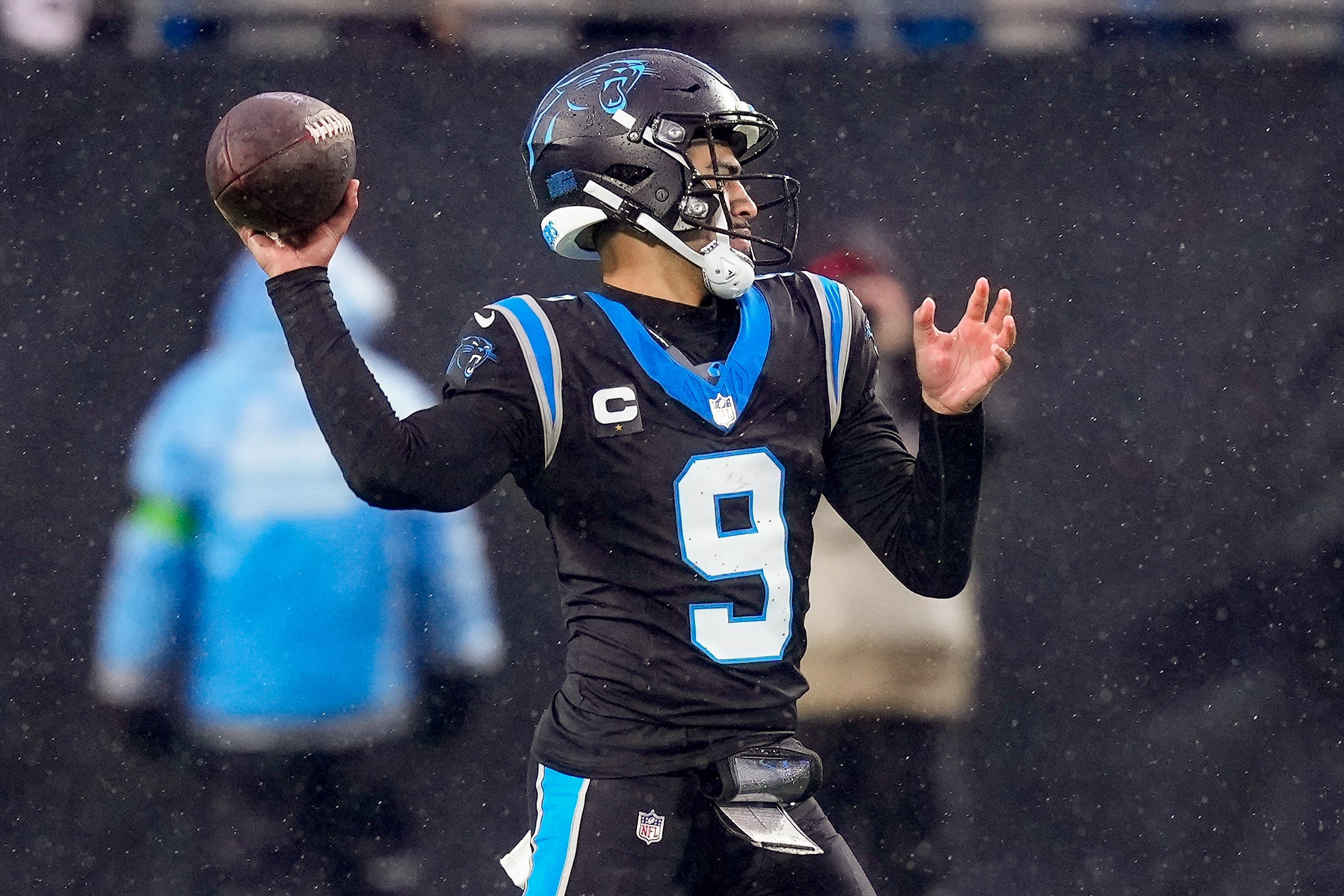 Dec 17, 2023; Charlotte, North Carolina, USA; Carolina Panthers quarterback Bryce Young (9) throws the ball against the Atlanta Falcons during the second quarter at Bank of America Stadium. Mandatory Credit: Jim Dedmon-USA TODAY Sports
