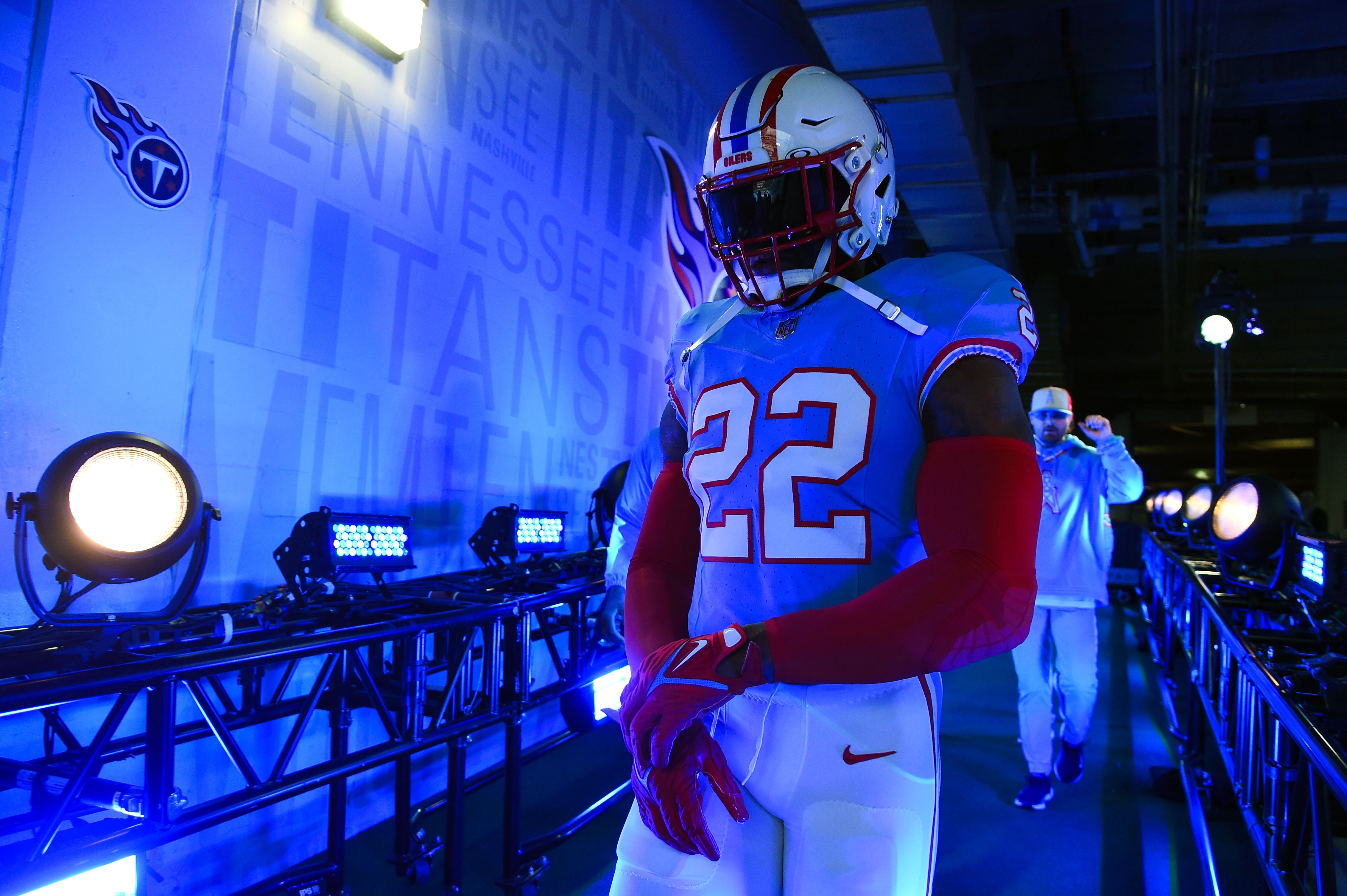 Dec 17, 2023; Nashville, Tennessee, USA; Tennessee Titans running back Derrick Henry (22) walks to the field before the game against the Houston Texans at Nissan Stadium. Mandatory Credit: Christopher Hanewinckel-USA TODAY Sports