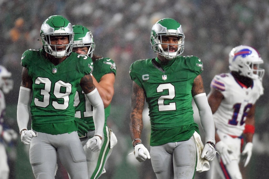 Philadelphia Eagles cornerback Eli Ricks (39) and cornerback Darius Slay (2) against the Buffalo Bills at Lincoln Financial Field.
