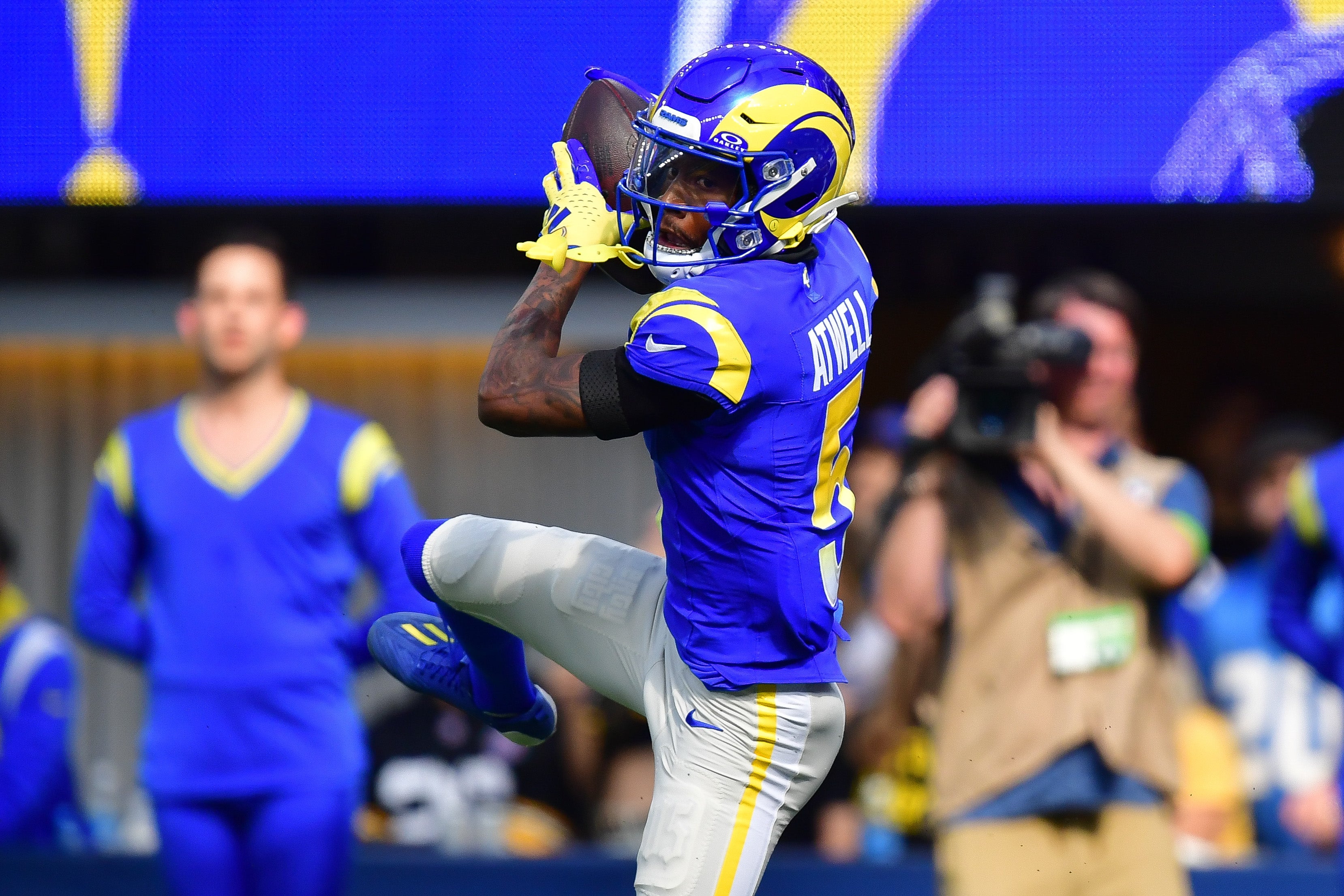 Oct 22, 2023; Inglewood, California, USA; Los Angeles Rams wide receiver Tutu Atwell (5) catches a touchdown pass against the Pittsburgh Steelers during the first half at SoFi Stadium. Mandatory Credit: Gary A. Vasquez-USA TODAY Sports