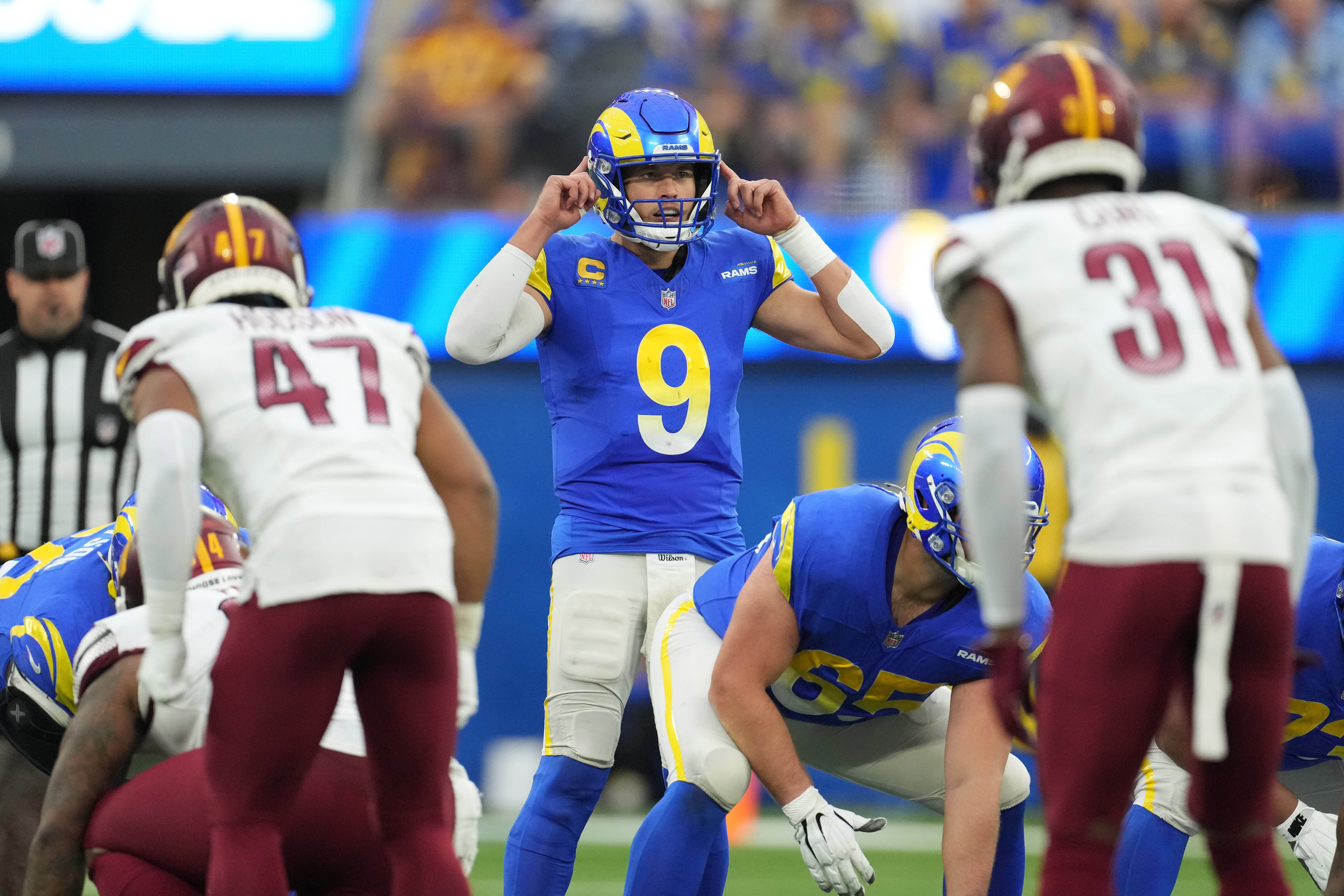 Dec 17, 2023; Inglewood, California, USA; Los Angeles Rams quarterback Matthew Stafford (9) gestures against the Washington Commanders in the first half at SoFi Stadium. Mandatory Credit: Kirby Lee-USA TODAY Sports