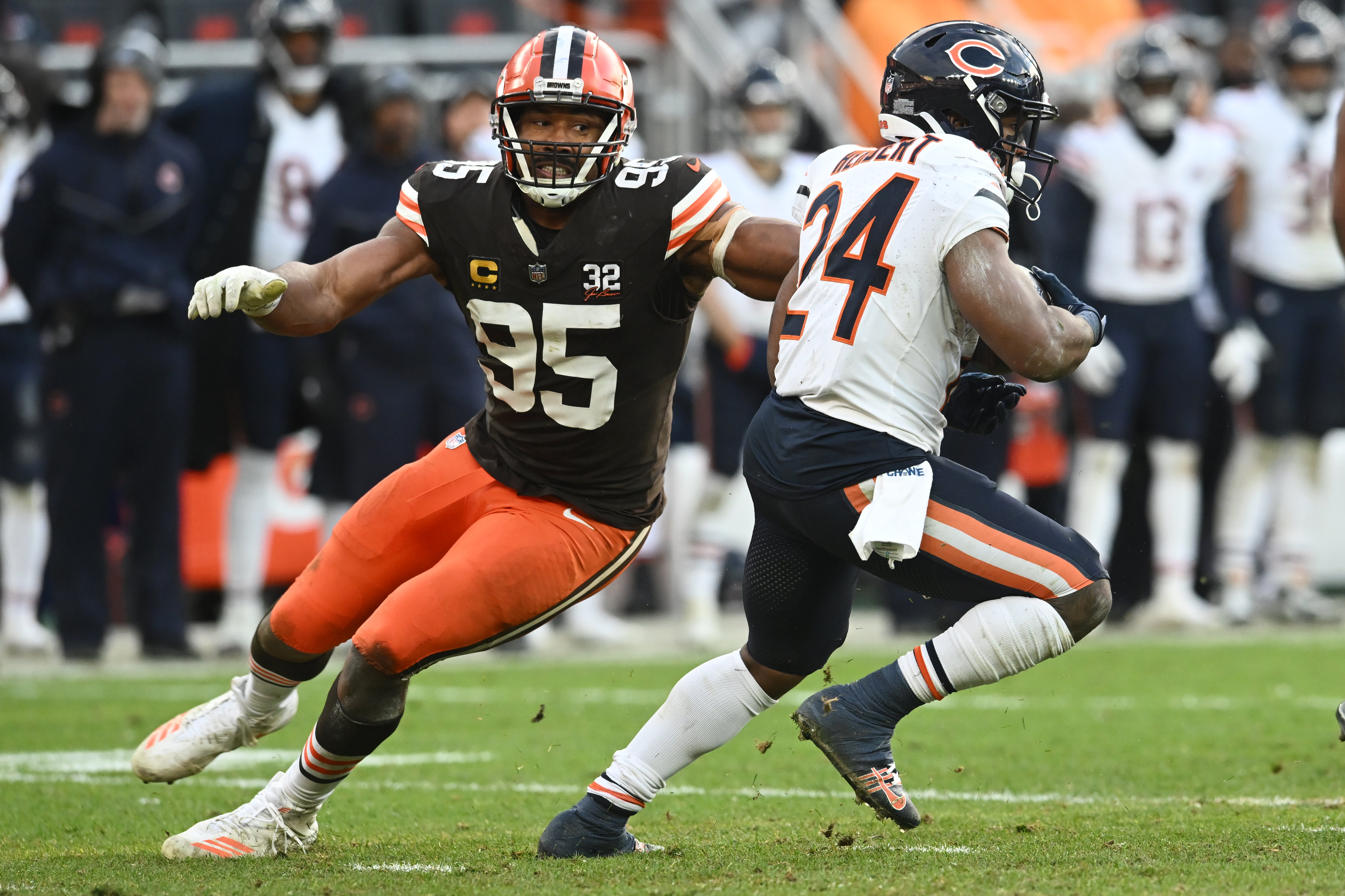 Dec 17, 2023; Cleveland, Ohio, USA; Cleveland Browns defensive end Myles Garrett (95) chases Chicago Bears running back Khalil Herbert (24) during the second half at Cleveland Browns Stadium. Mandatory Credit: Ken Blaze-USA TODAY Sports