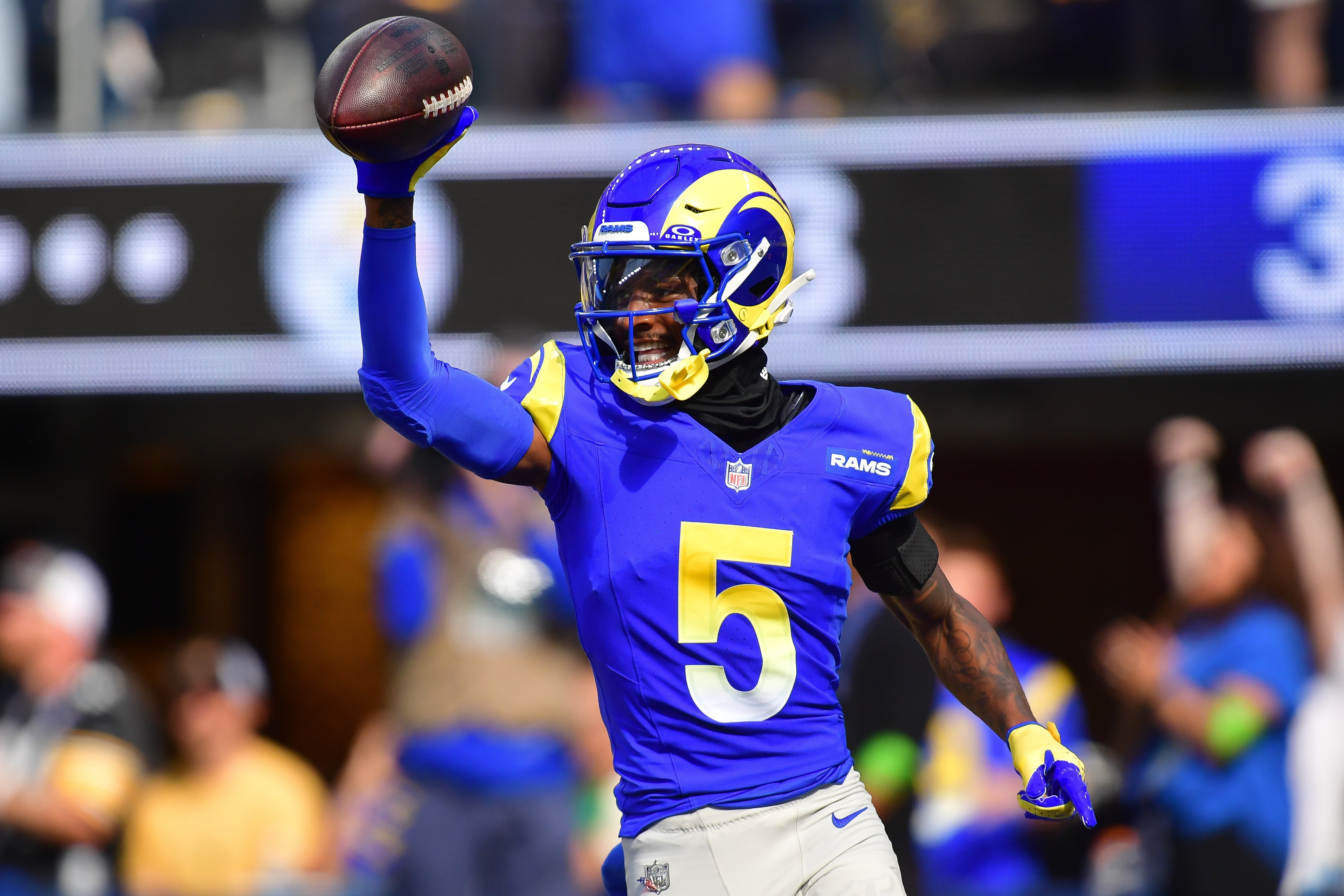 Oct 22, 2023; Inglewood, California, USA; Los Angeles Rams wide receiver Tutu Atwell (5) celebrates his touchdown scored against the Pittsburgh Steelers during the first half at SoFi Stadium. Mandatory Credit: Gary A. Vasquez-USA TODAY Sports