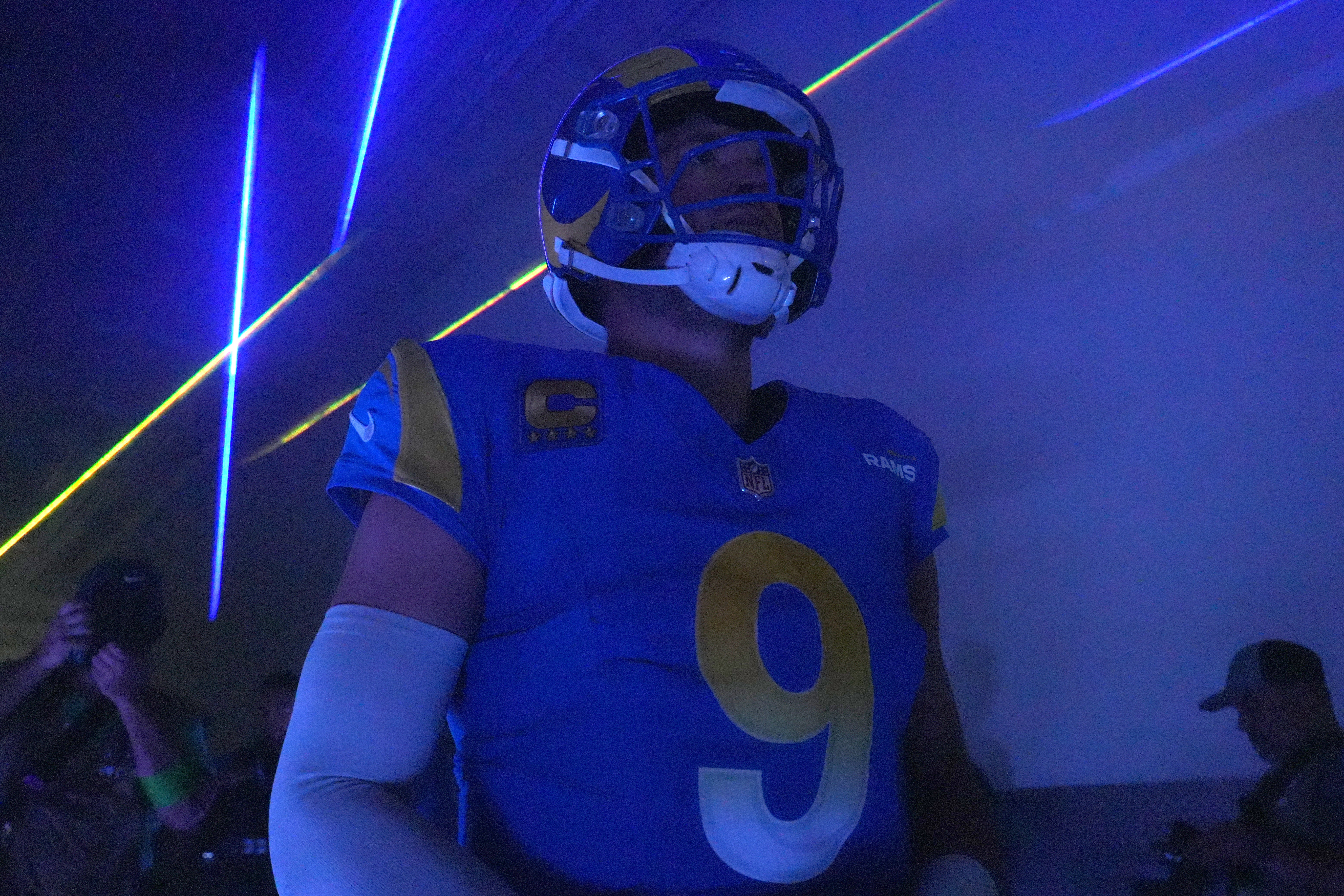 Dec 17, 2023; Inglewood, California, USA; Los Angeles Rams quarterback Matthew Stafford (9) prepares to enter the field before the game against the Washington Commanders at SoFi Stadium. Mandatory Credit: Kirby Lee-USA TODAY Sports