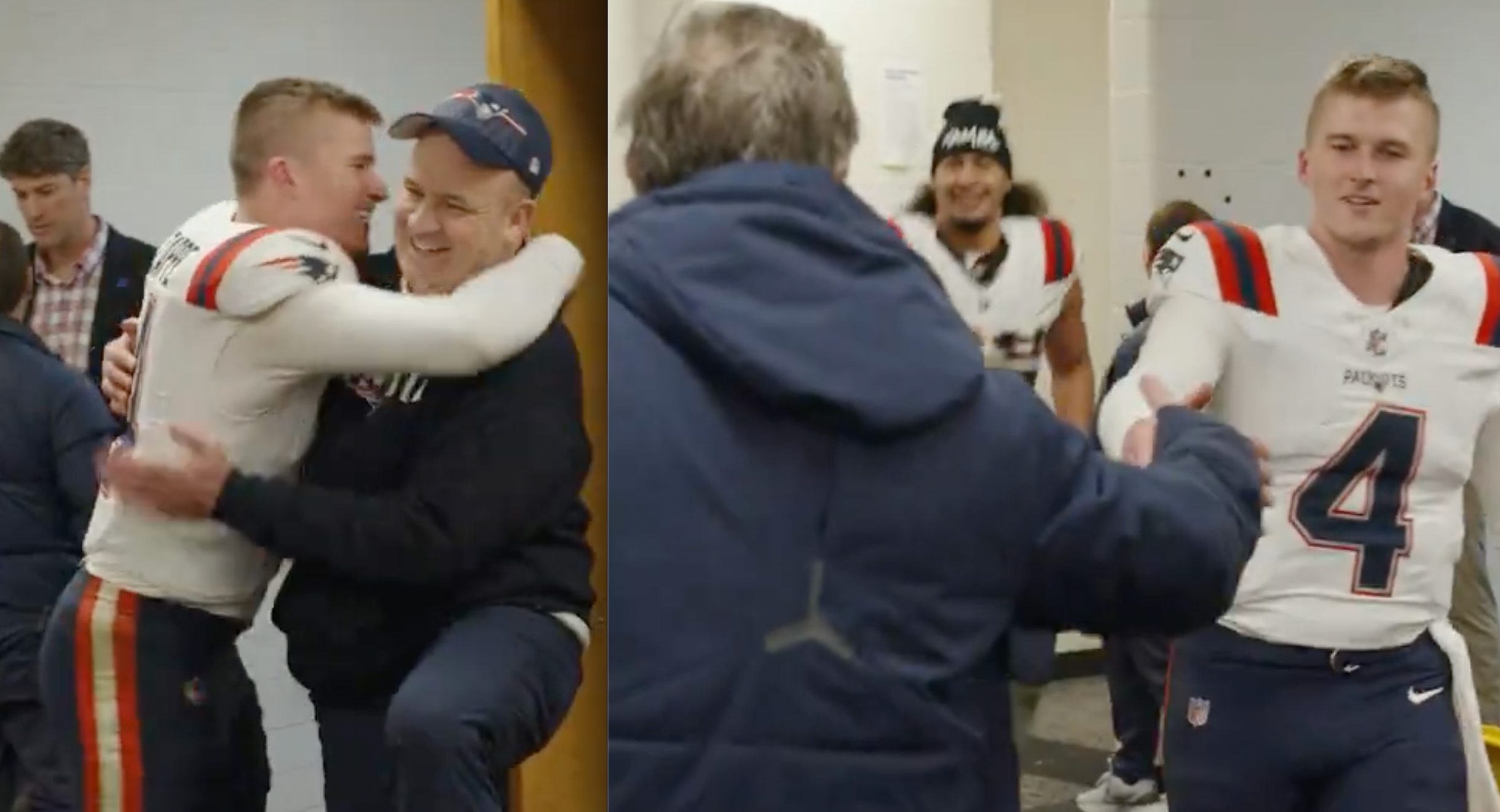 Bailey Zappe with Bill Belichick and Bill O'Brien after win over Steelers
