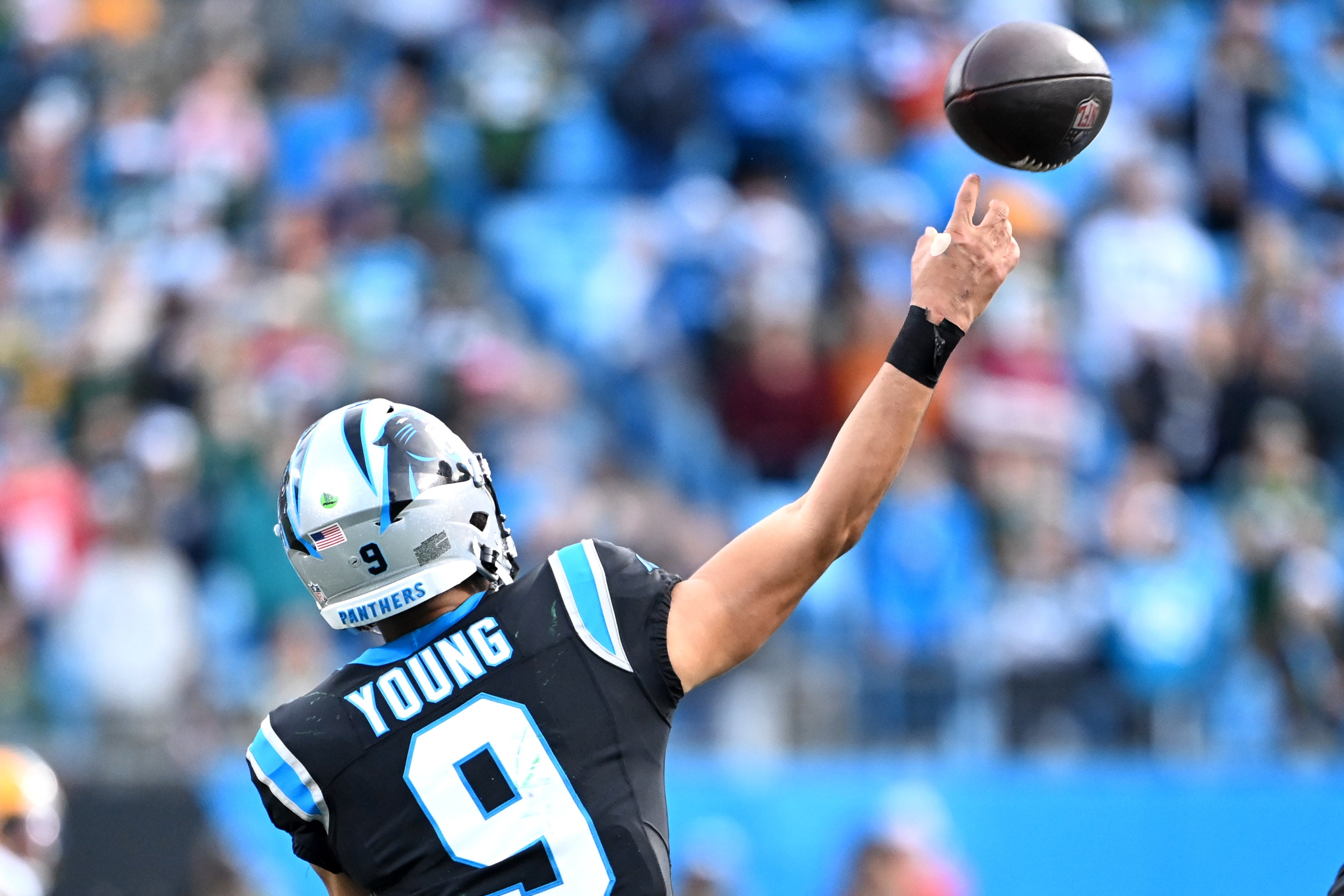 Dec 24, 2023; Charlotte, North Carolina, USA; Carolina Panthers quarterback Bryce Young (9) passes the ball in the fourth quarter at Bank of America Stadium. Mandatory Credit: Bob Donnan-USA TODAY Sports