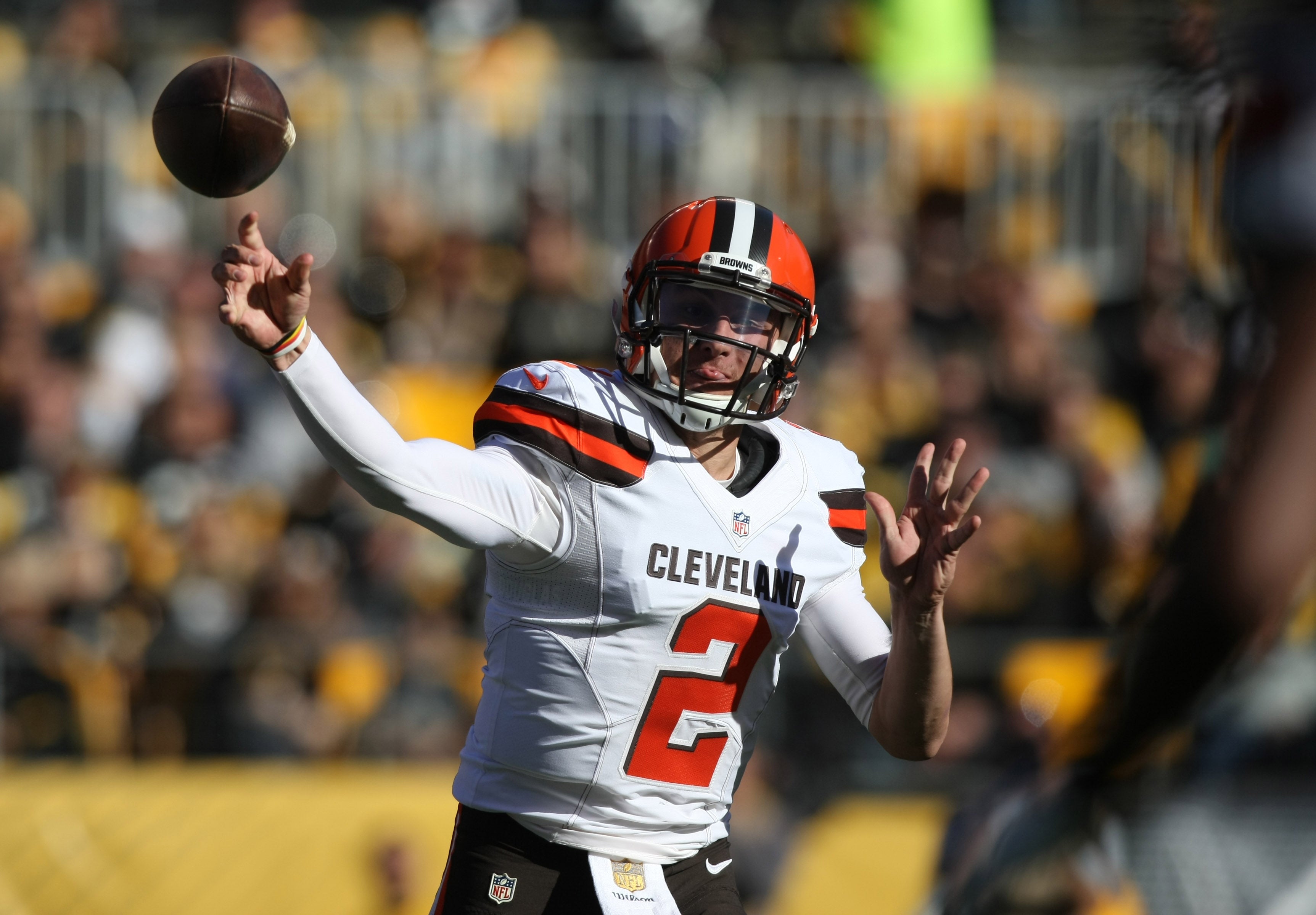 Nov 15, 2015; Pittsburgh, PA, USA; Cleveland Browns quarterback Johnny Manziel (2) throws a pass against the Pittsburgh Steelers during the first half at Heinz Field. Mandatory Credit: Jason Bridge-USA TODAY Sports