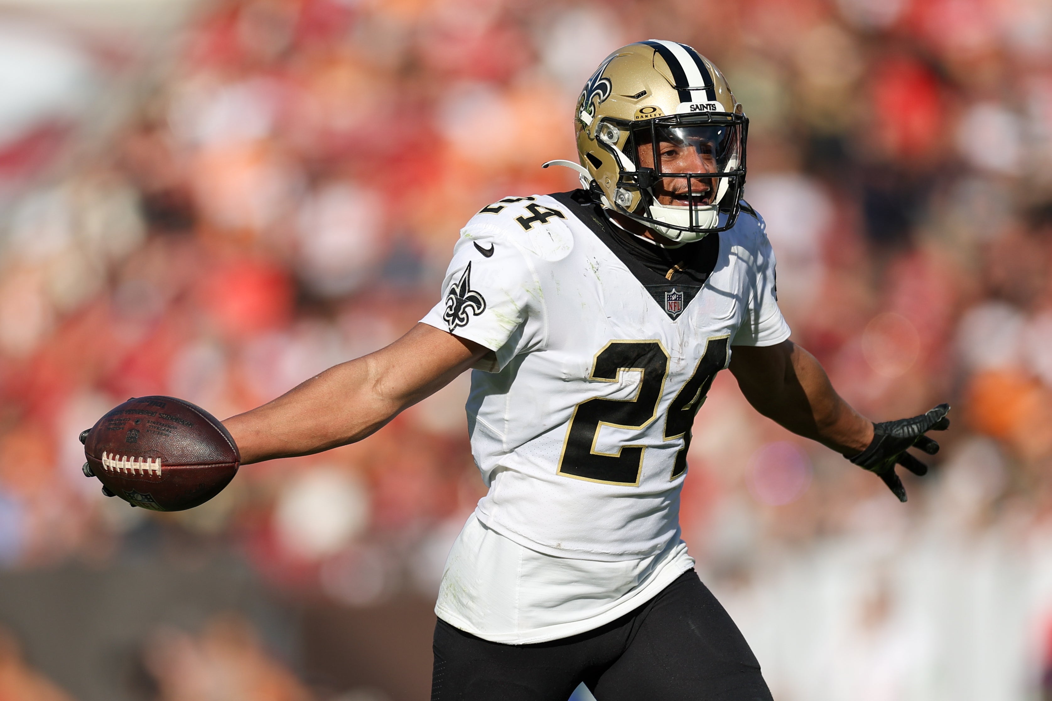 New Orleans Saints safety Johnathan Abram (24) celebrates after a turnover against the Tampa Bay Buccaneers in the fourth quarter at Raymond James Stadium.